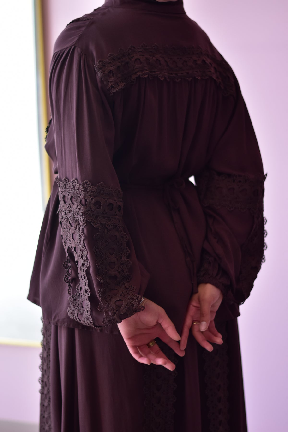 Full-length styled view of the Amira brown cotton shirt and skirt co-ord set