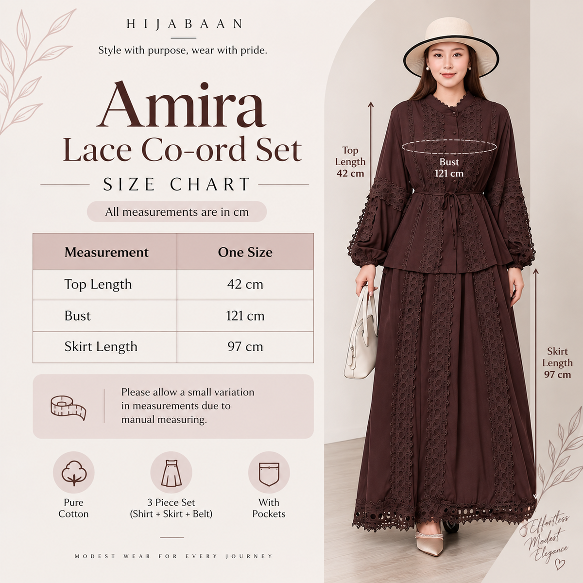 Amira brown lace cotton co-ord set one-size measurement chart