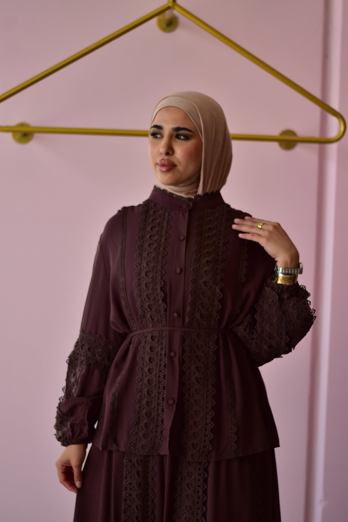 Amira brown lace cotton co-ord set with matching shirt and flowing skirt, front view