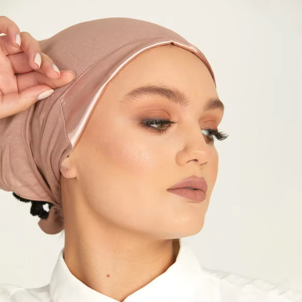 Close-up of satin-lined cap for smooth, secure modest styling