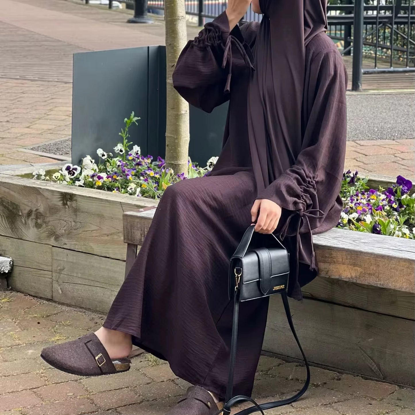 espresso brown arwa abaya with knotted sleeve design hijabaan new zealand