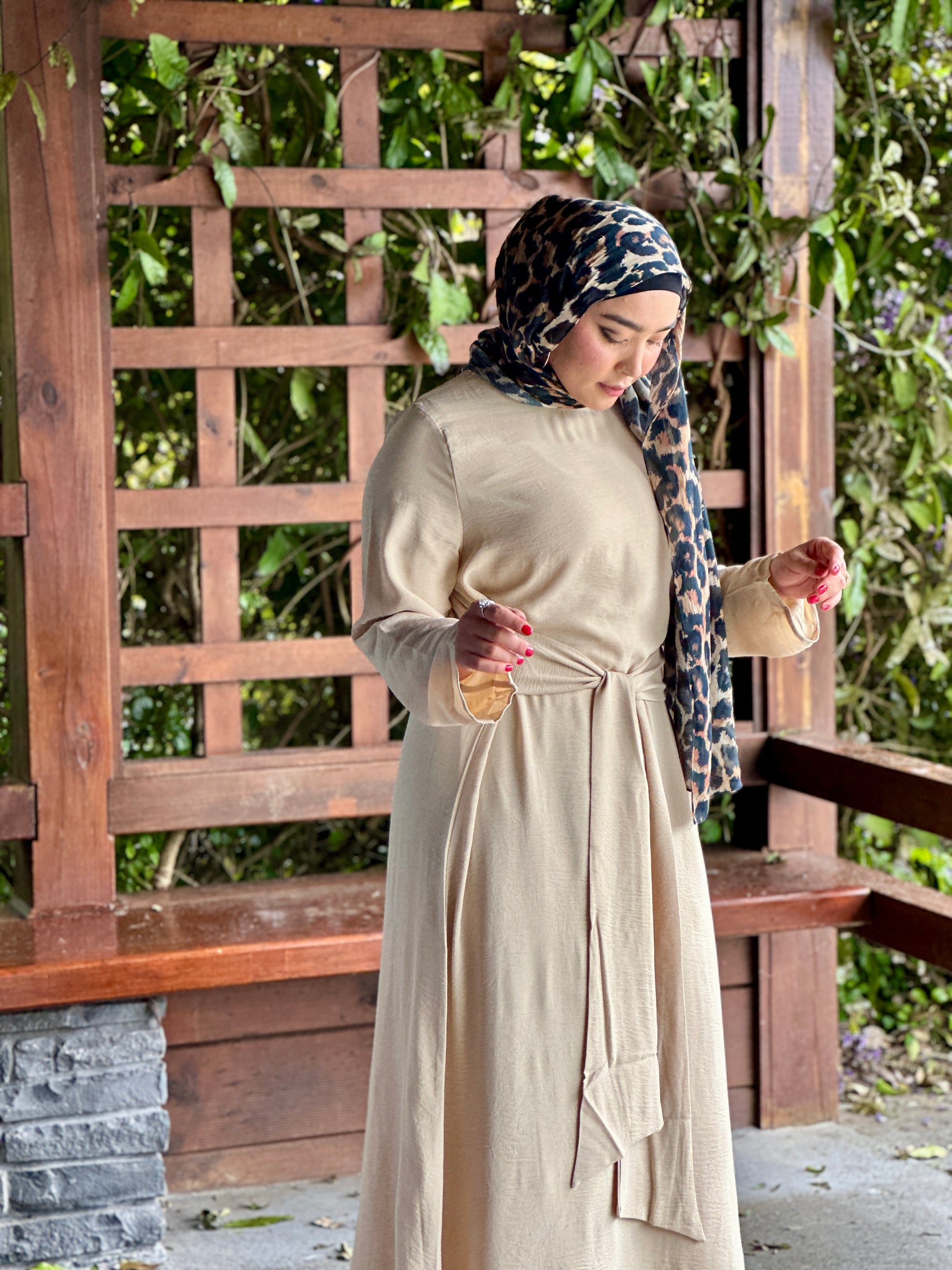 Ayla Knot Dress in beige – modest crush fabric dress from Hijabaan NZ