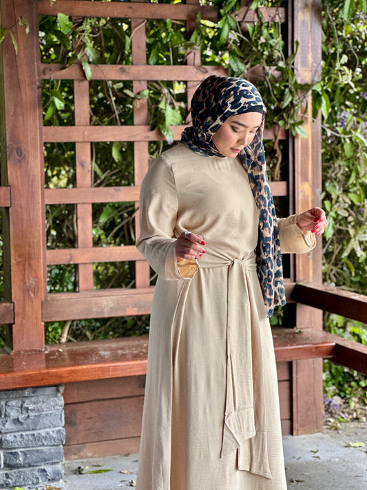Ayla Knot Dress in beige – modest crush fabric dress from Hijabaan NZ