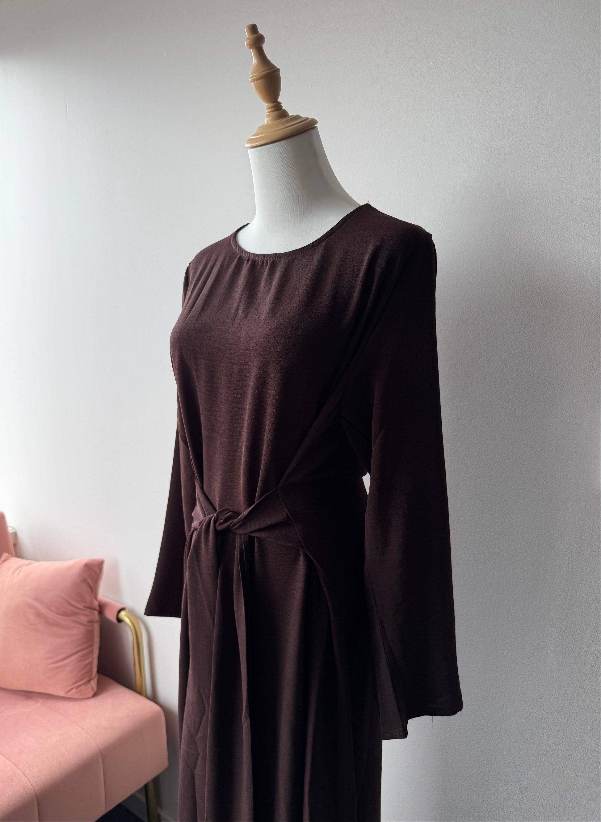 Ayla knot dress in dark brown designed for modest wear