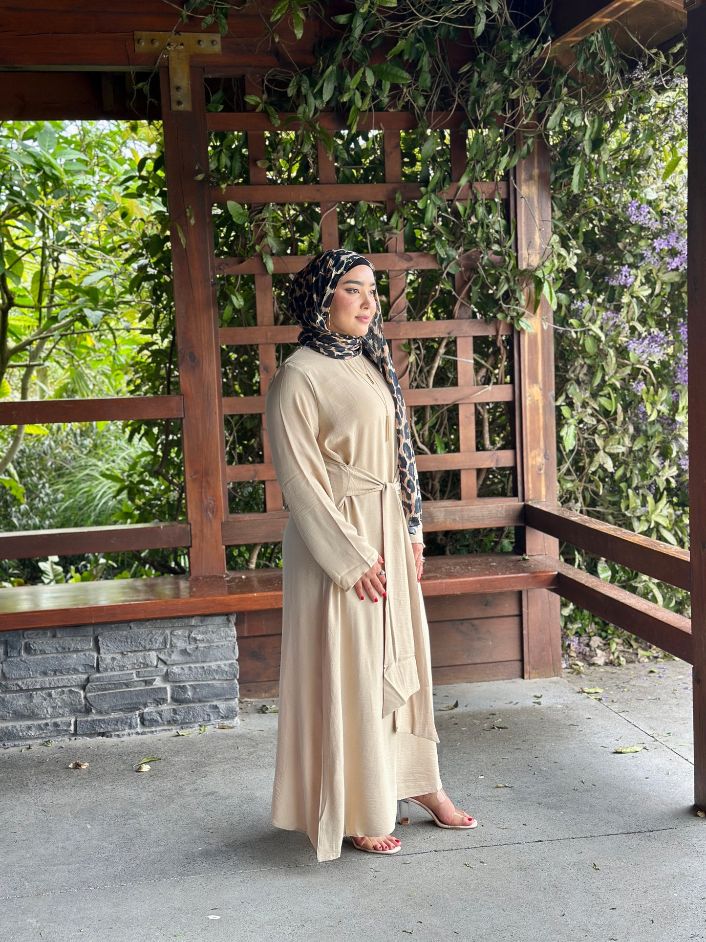 Front view of Ayla Knot Dress in beige showing knot detail – Hijabaan NZ