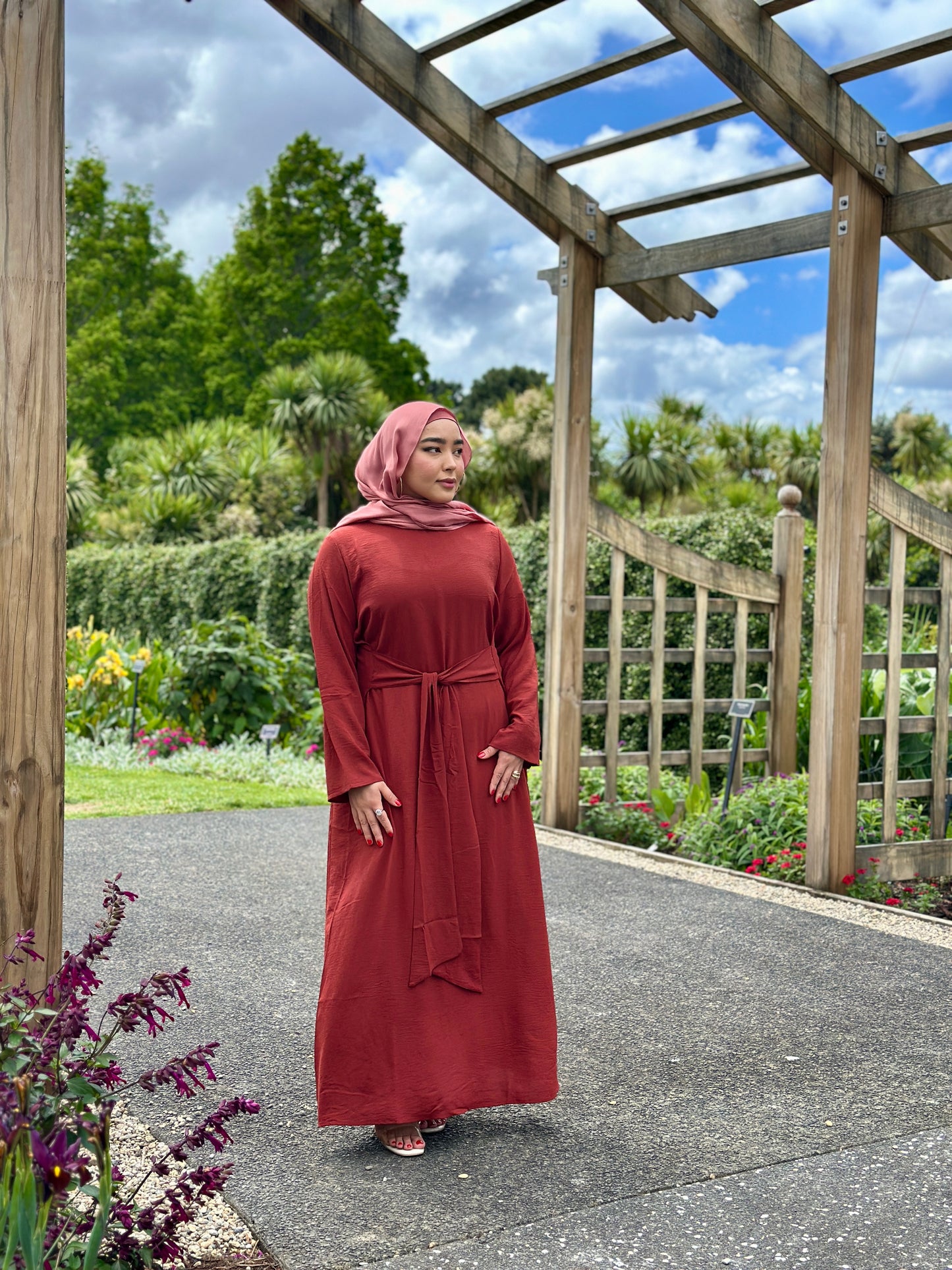 Front view of Ayla Knot Dress in pecan showing knot detail – Hijabaan NZ