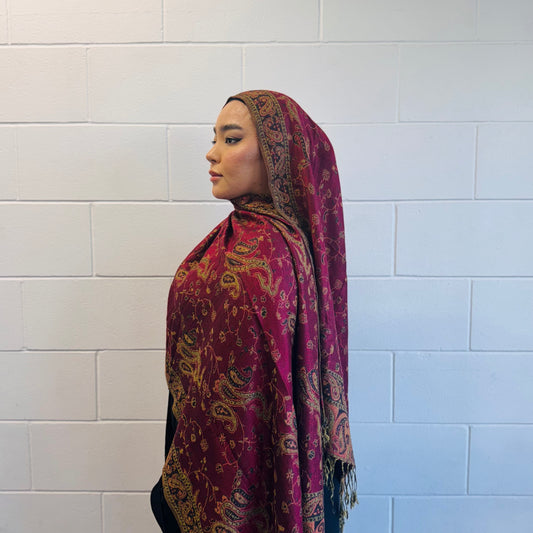 Burgundy pashmina shawl folded neatly for modest layering – Hijabaan NZ