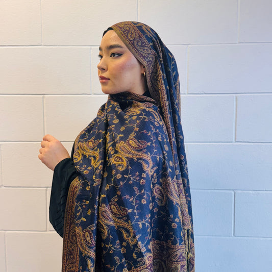 Dark navy pashmina shawl folded for modest layering – Hijabaan NZ