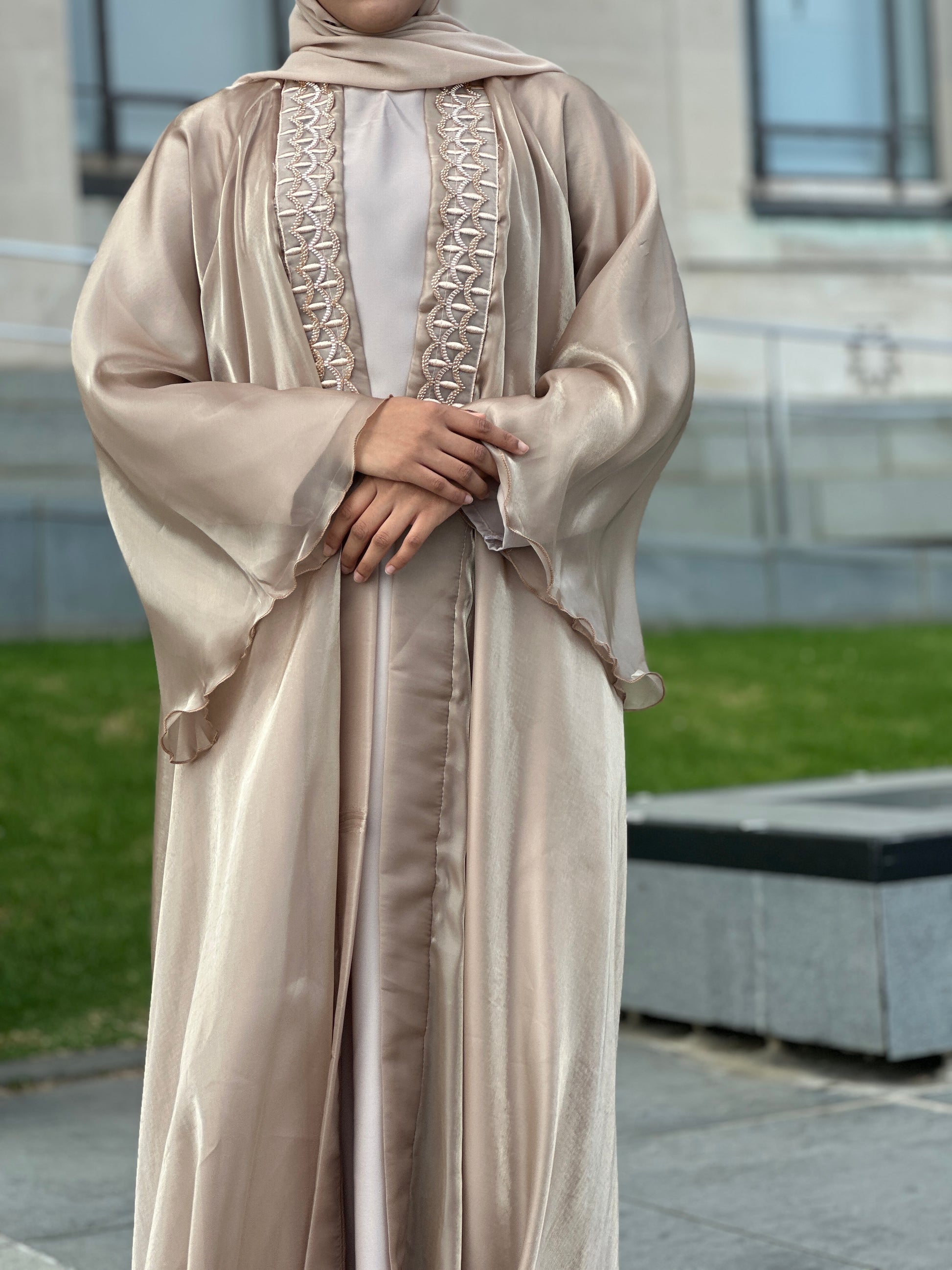 Elegant Afiya abaya set with organza shrug and matching hijab – modest wear NZ