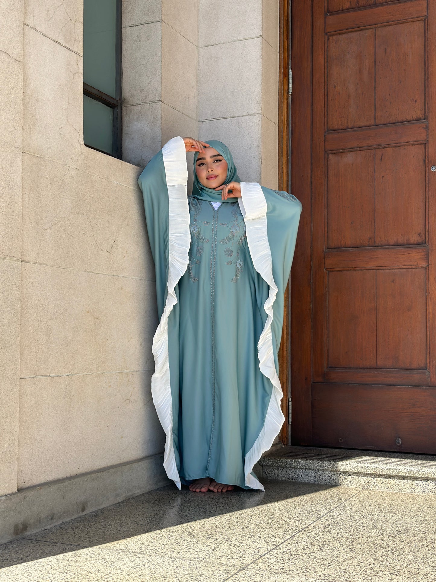 Image 2: Elegant Dubai Abaya Amal with embroidery and matching hijab – Hijabaan NZ