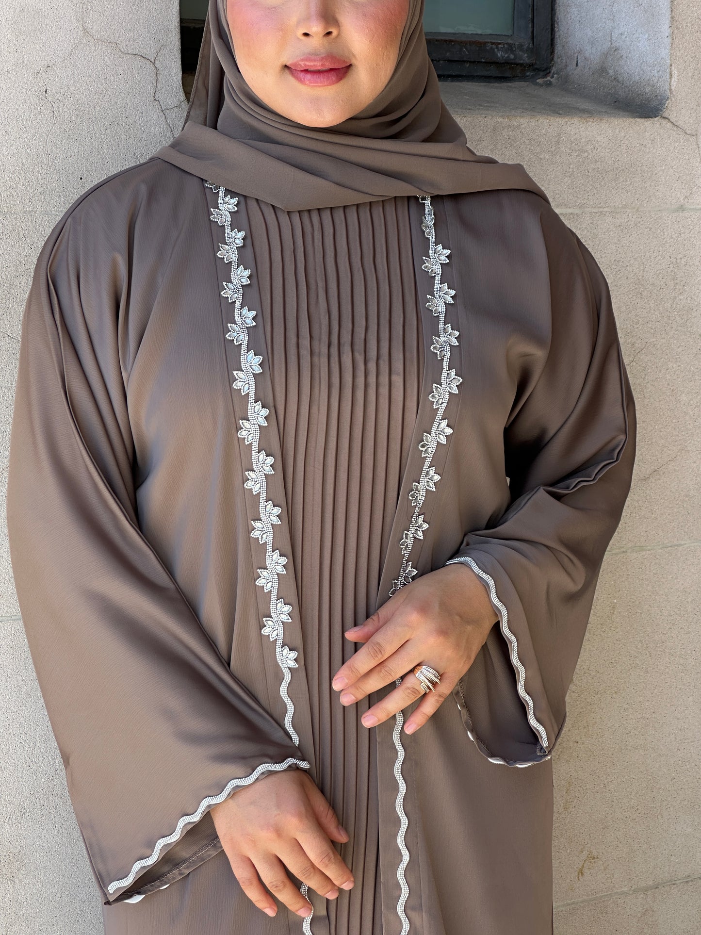 Tan shrug abaya with diamond work and pleated inner dress – Hijabaan Auckland