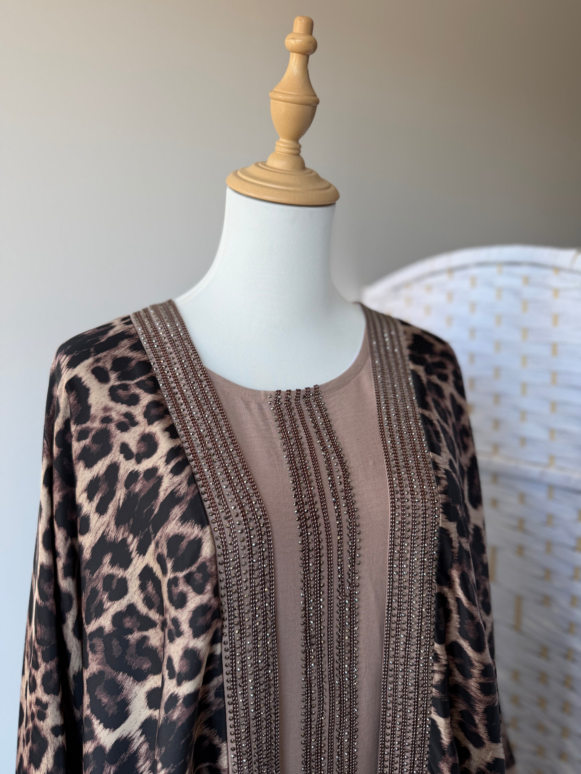 Dubai Abaya Nayla with cheetah print Armani silk, ice silk inner and matching hijab – modest wear NZ