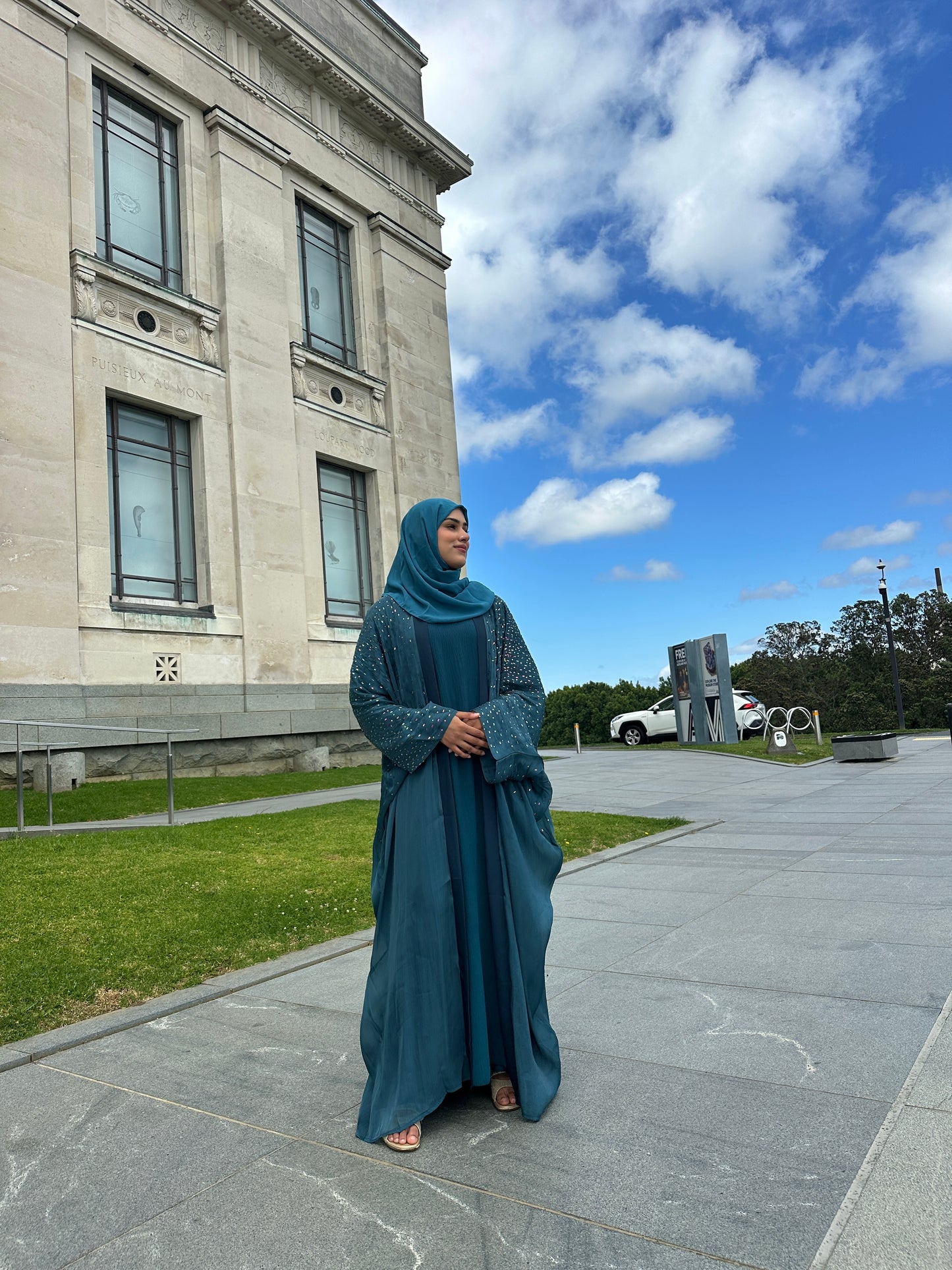 Dubai Abaya Ayesha three-piece set with cey-crush inner and organza shrug – Hijabaan NZ