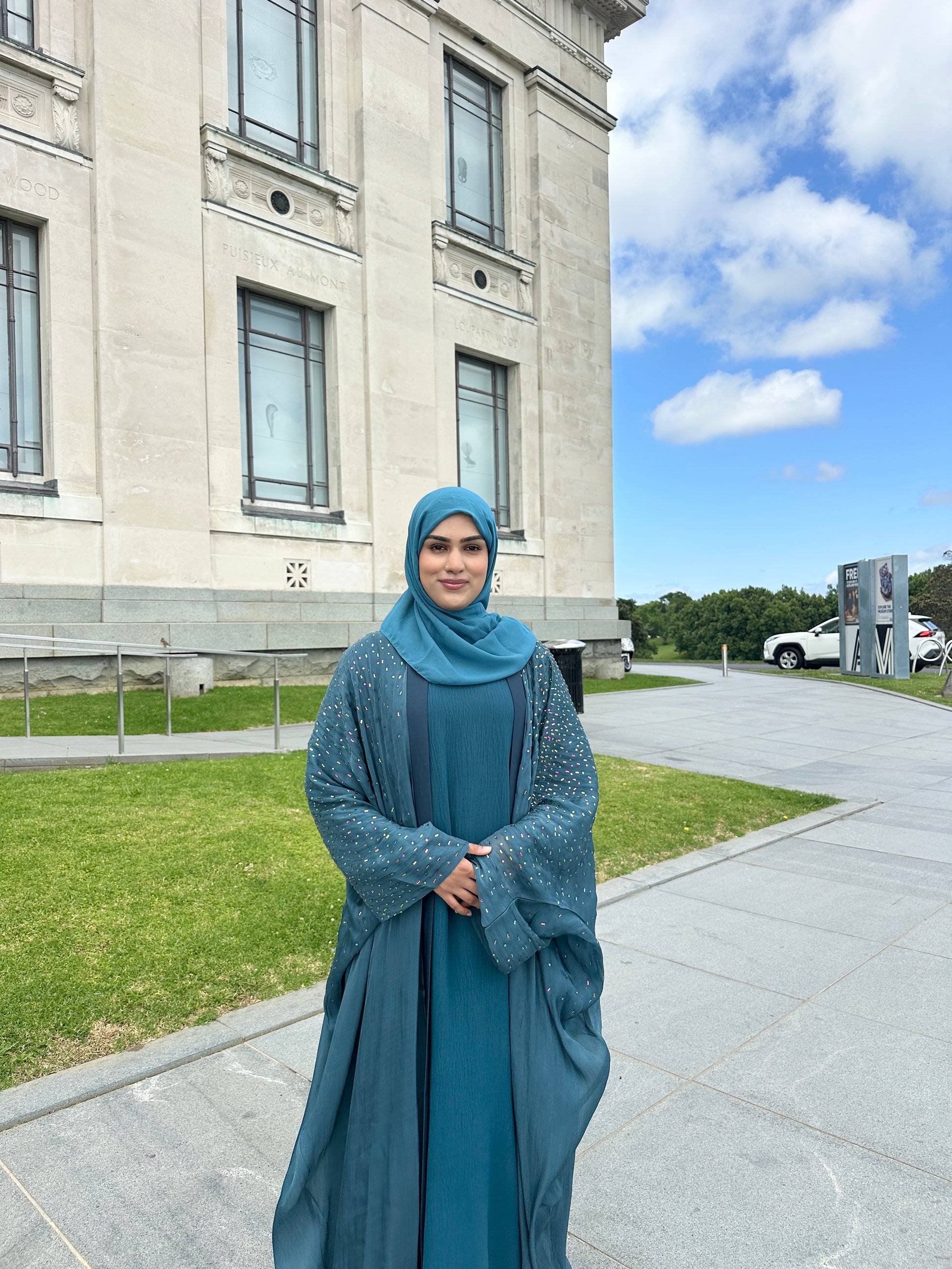 Ayesha abaya with diamond-studded organza shrug and chiffon hijab – modest wear NZ