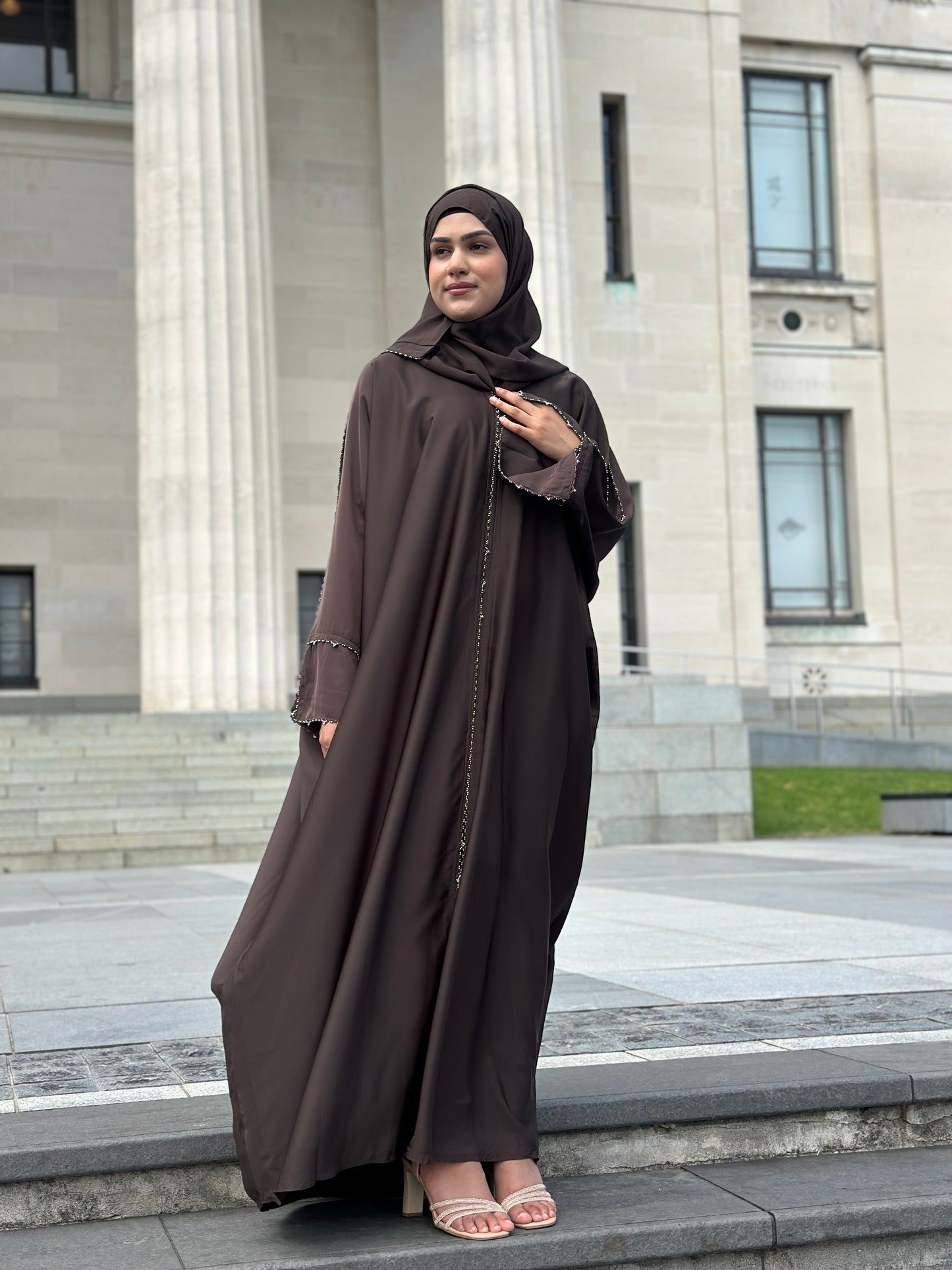 Dubai Abaya Hana dark brown kaftan style abaya with subtle work – Hijabaan NZ