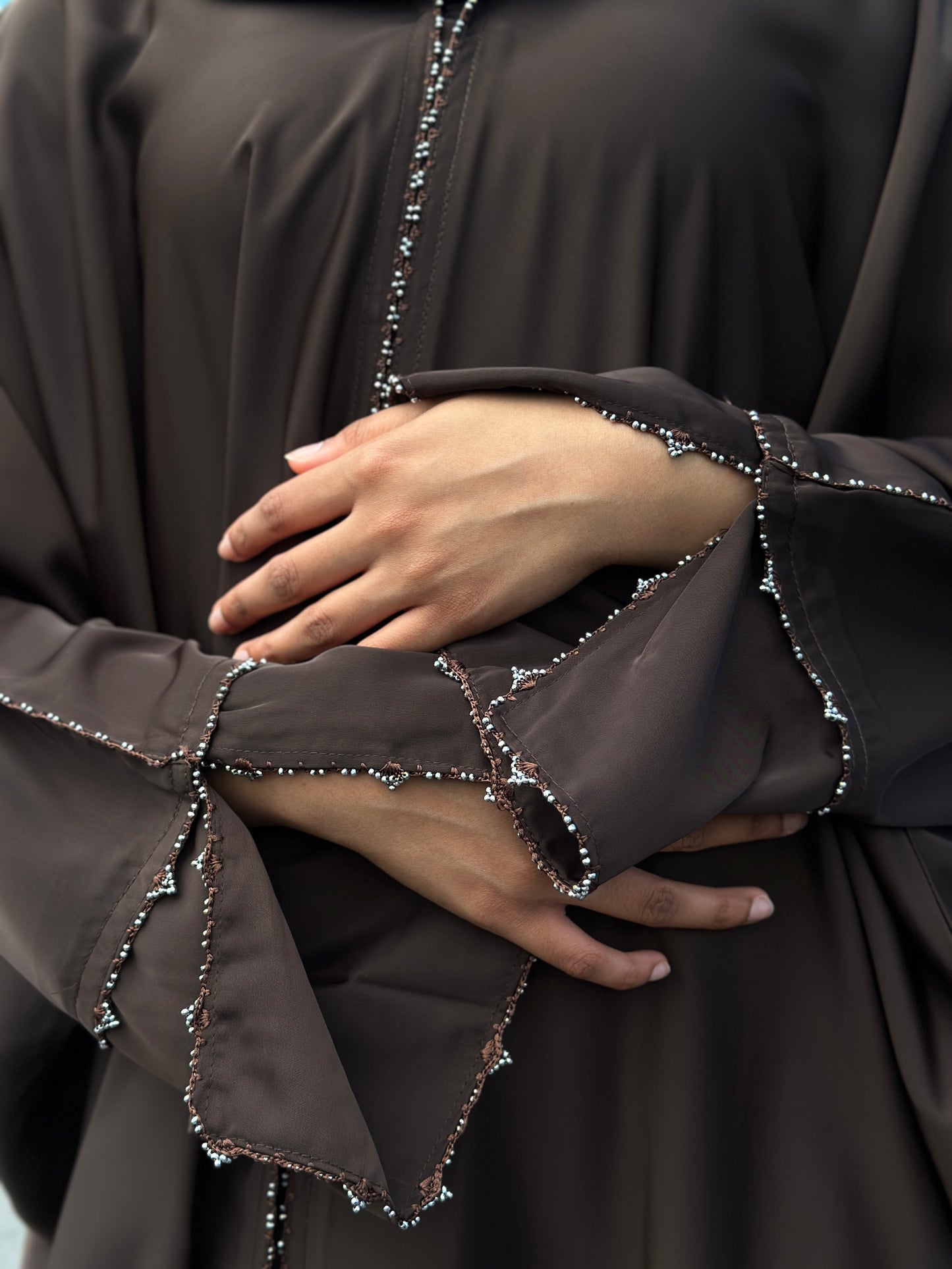 Hana dark brown abaya with matching hijab and elegant detailing – modest wear NZ