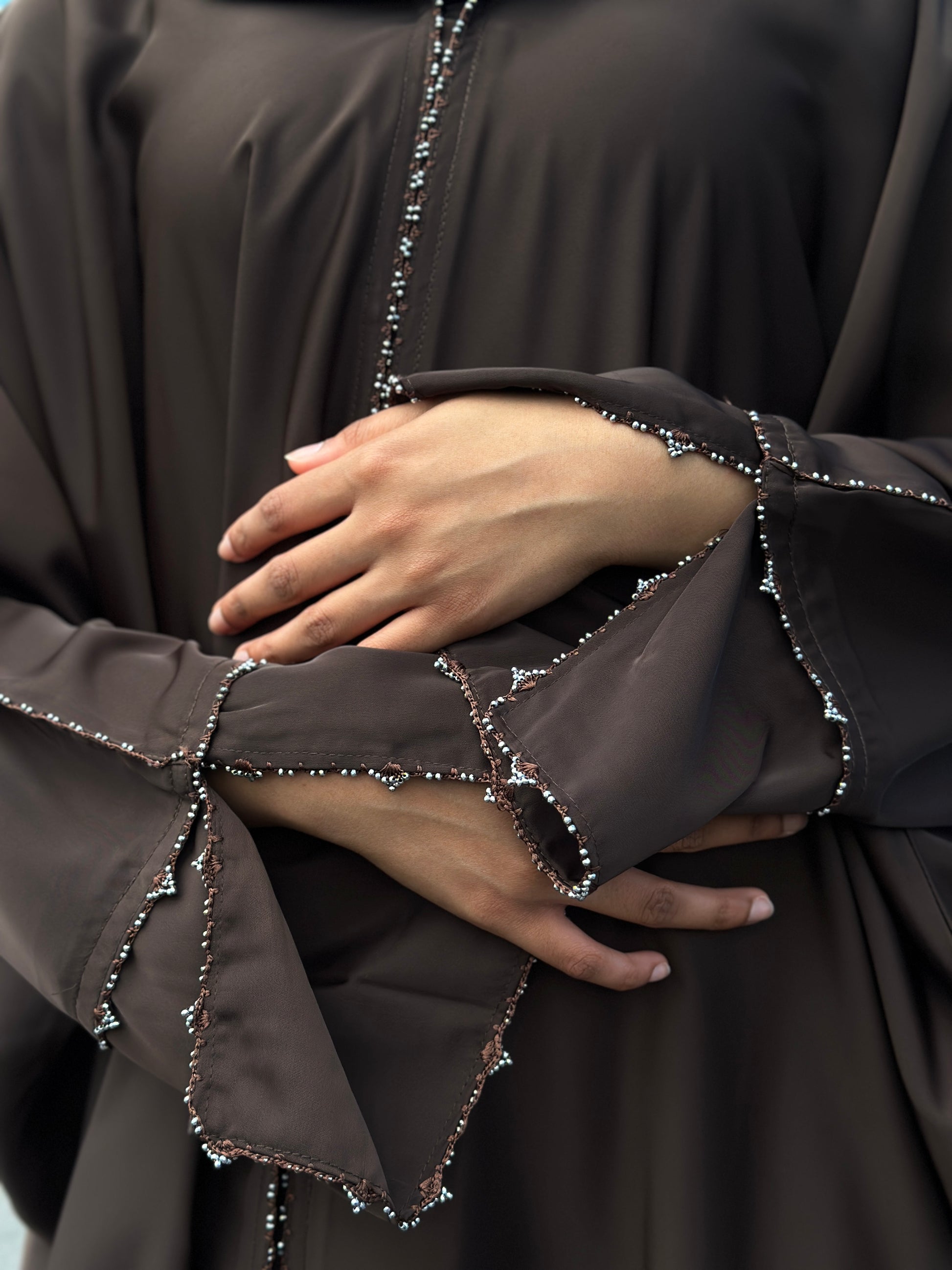 Hana dark brown abaya with matching hijab and elegant detailing – modest wear NZ