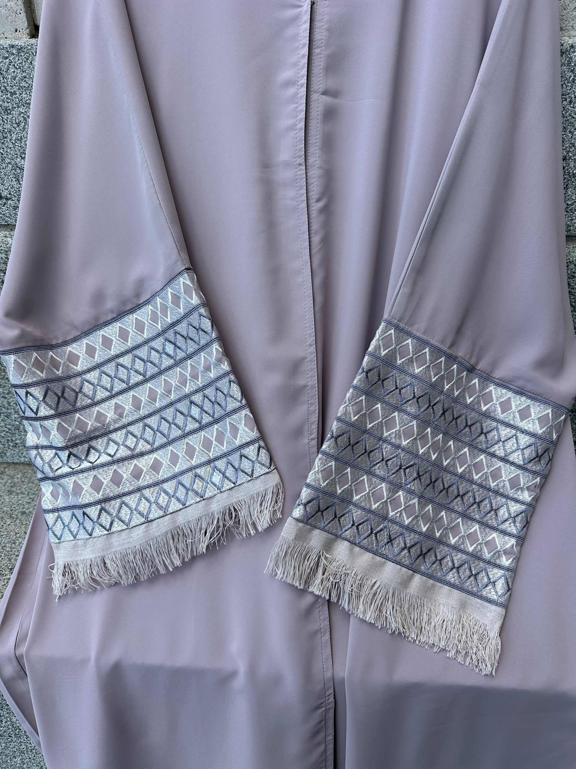 Hana abaya with silver matching hijab and front button closure – modest wear NZ