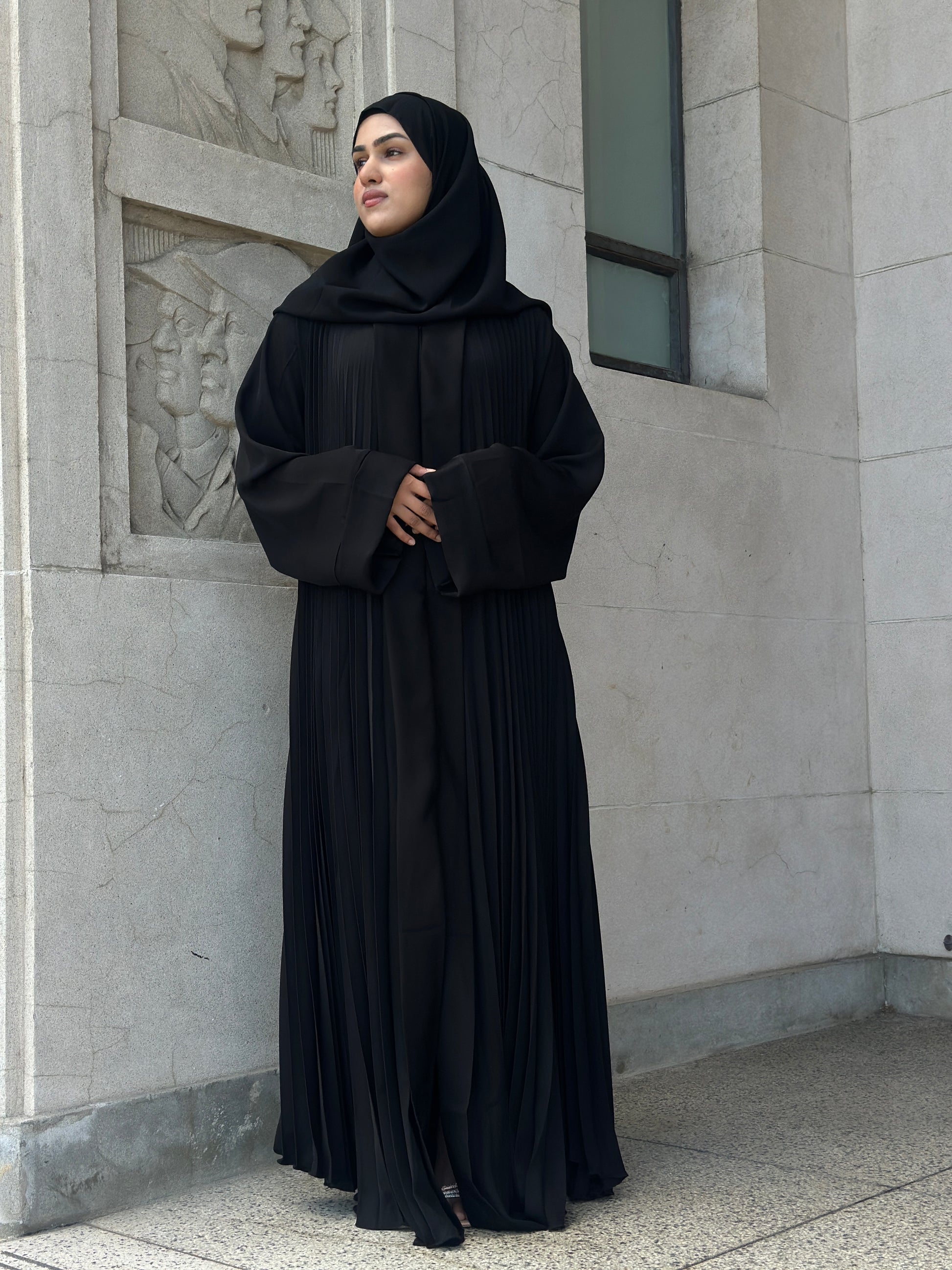Dubai Abaya Imaan black pleated flared front-open abaya – Hijabaan NZ