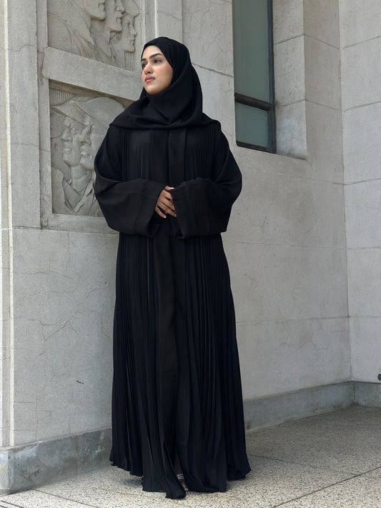 Dubai Abaya Imaan black pleated flared front-open abaya – Hijabaan NZ