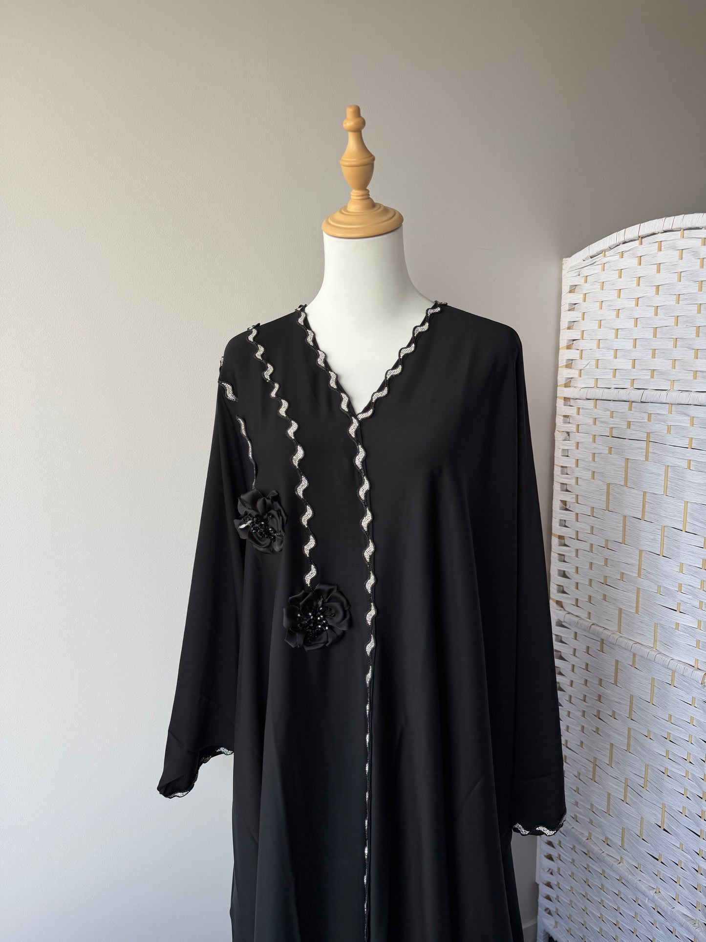 Black Dubai Abaya Inaya kaftan style with diamond work and matching hijab NZ