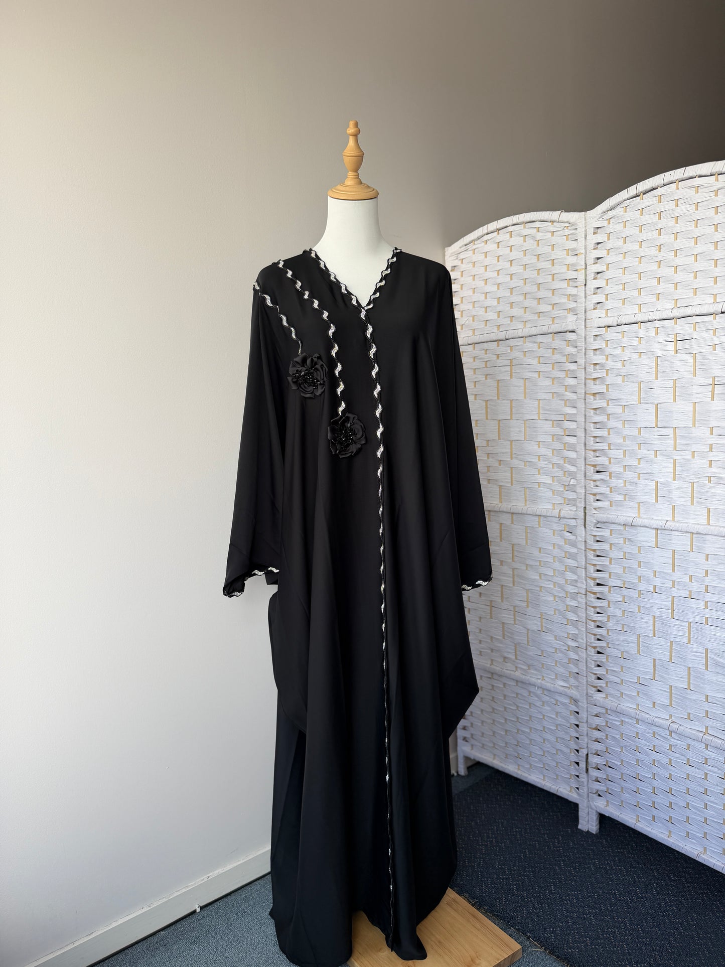 Black Dubai Abaya Inaya kaftan style with diamond work and matching hijab NZ