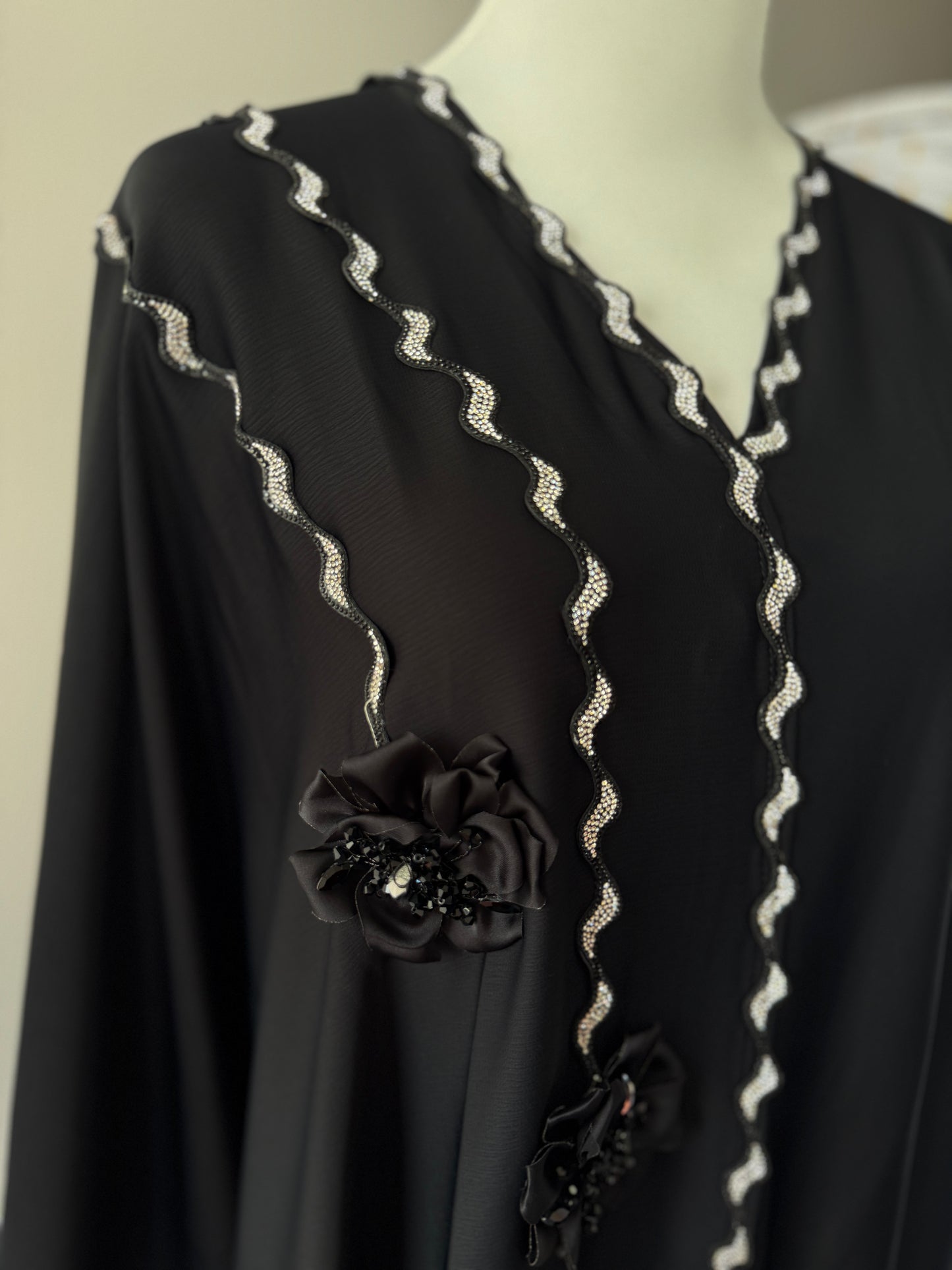 Black Dubai Abaya Inaya kaftan style with diamond work and matching hijab NZ