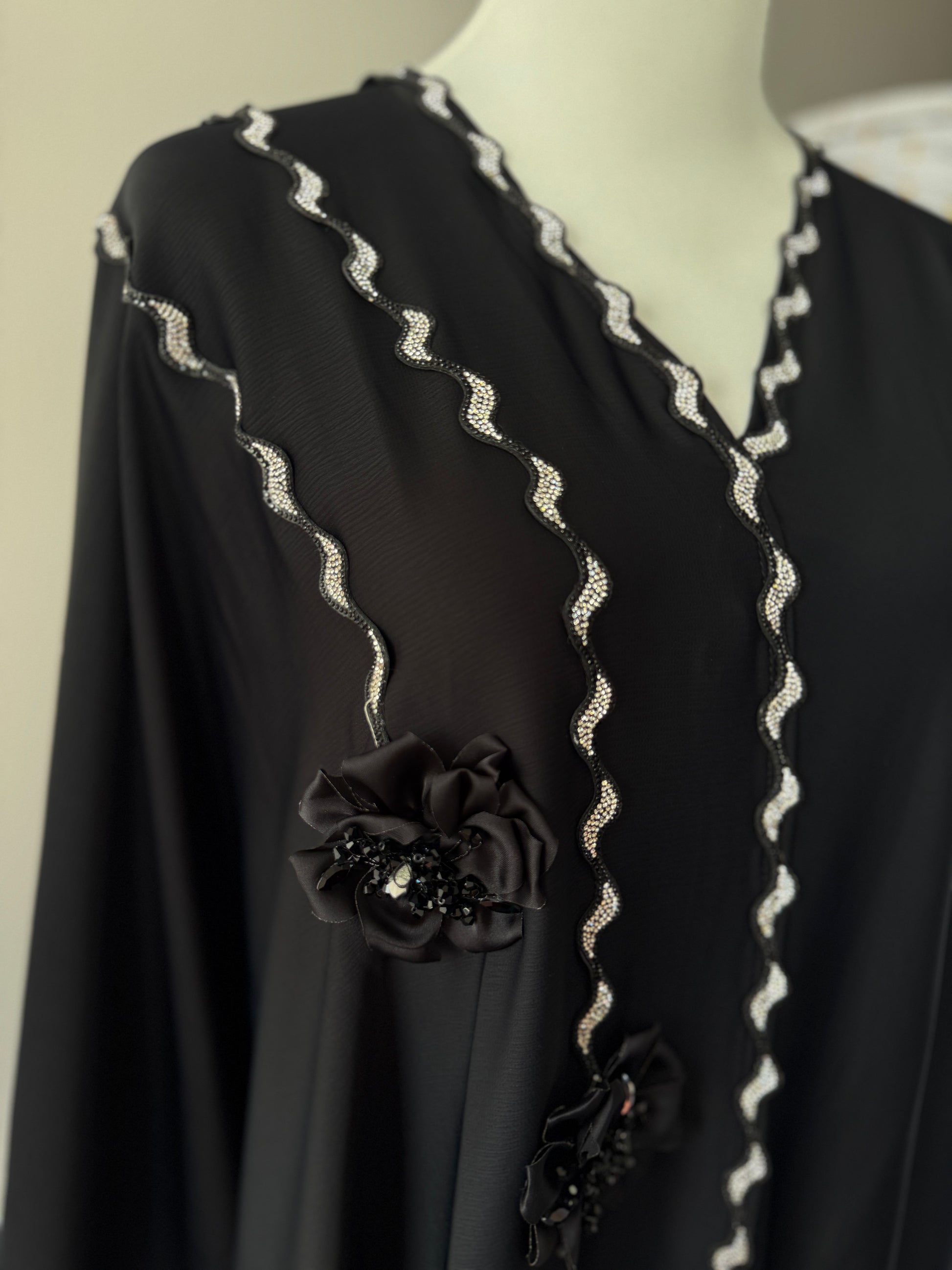 Black Dubai Abaya Inaya kaftan style with diamond work and matching hijab NZ
