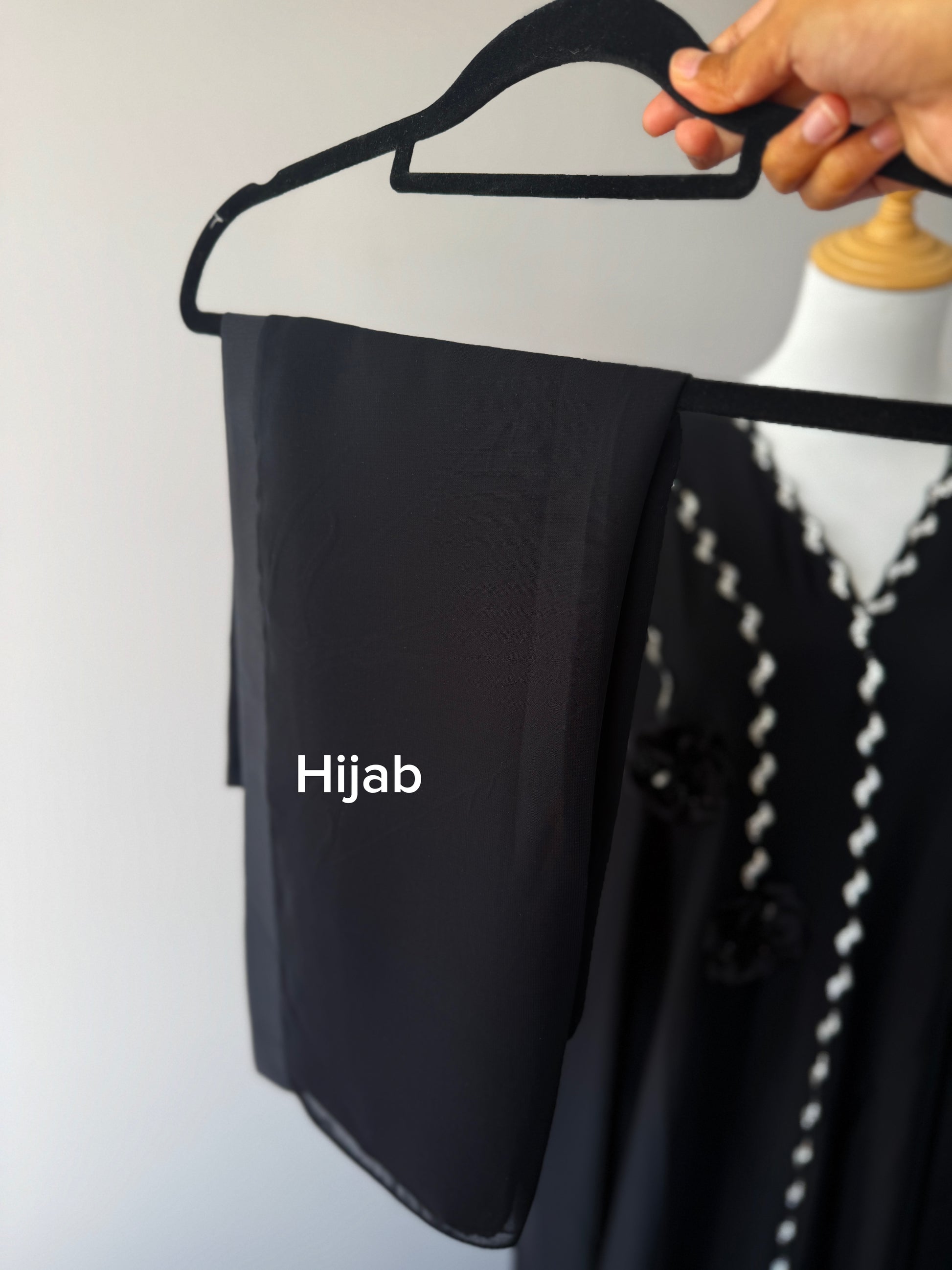 
Black Dubai Abaya Inaya kaftan style with diamond work and matching hijab NZ