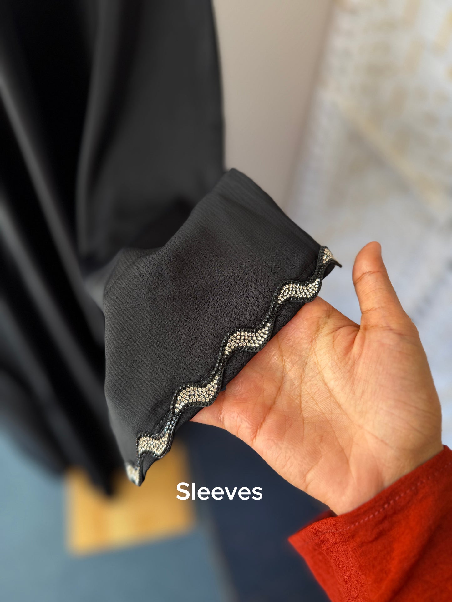 
Black Dubai Abaya Inaya kaftan style with diamond work and matching hijab NZ