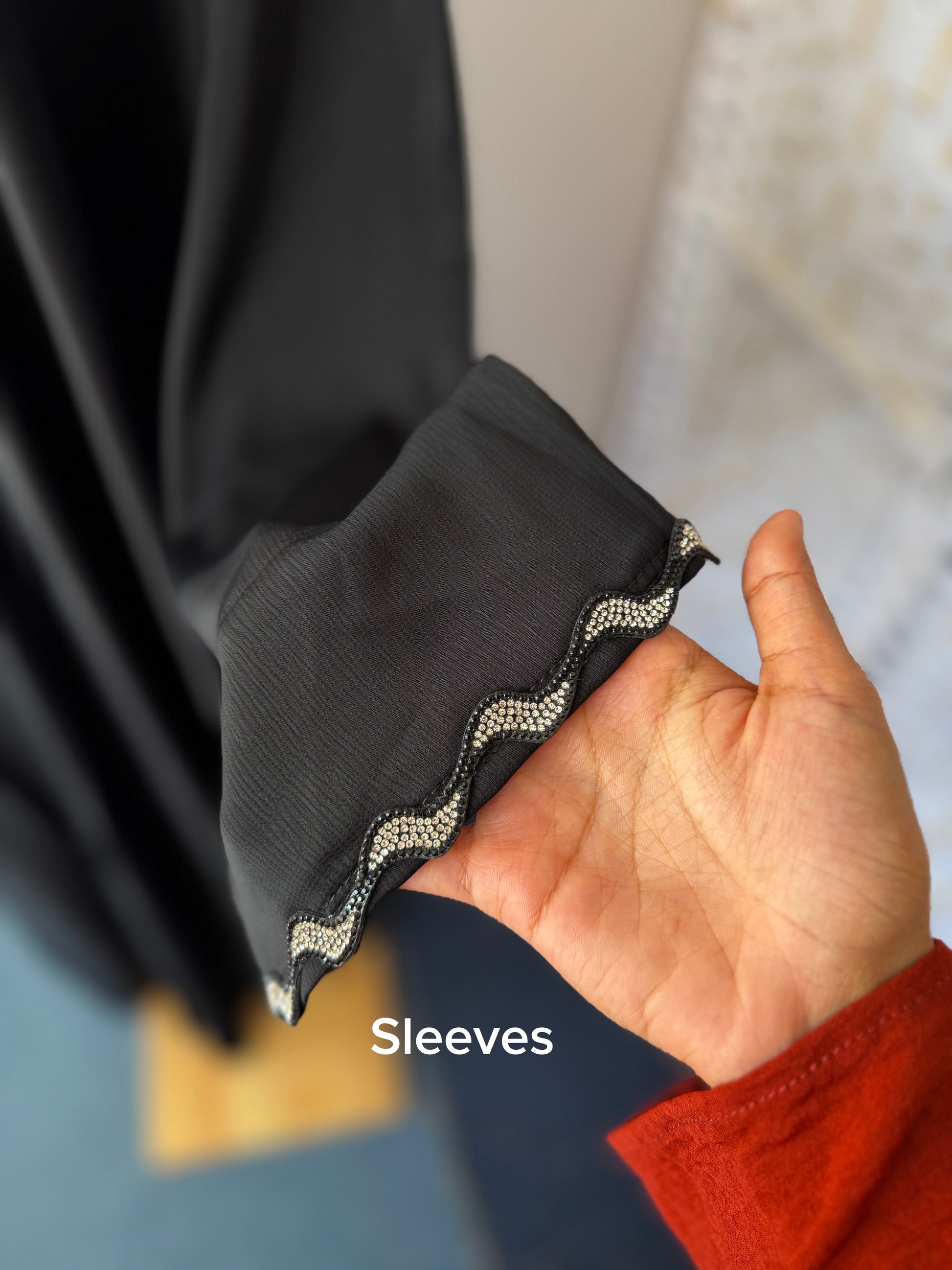 
Black Dubai Abaya Inaya kaftan style with diamond work and matching hijab NZ