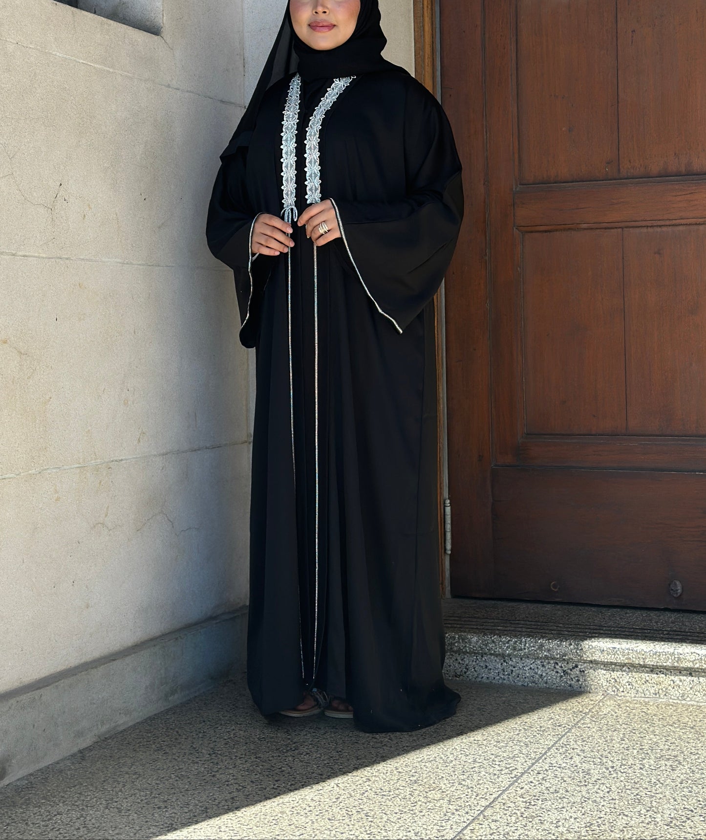 Elegant black modest abaya Iqra with embellishment detailing – Hijabaan Auckland