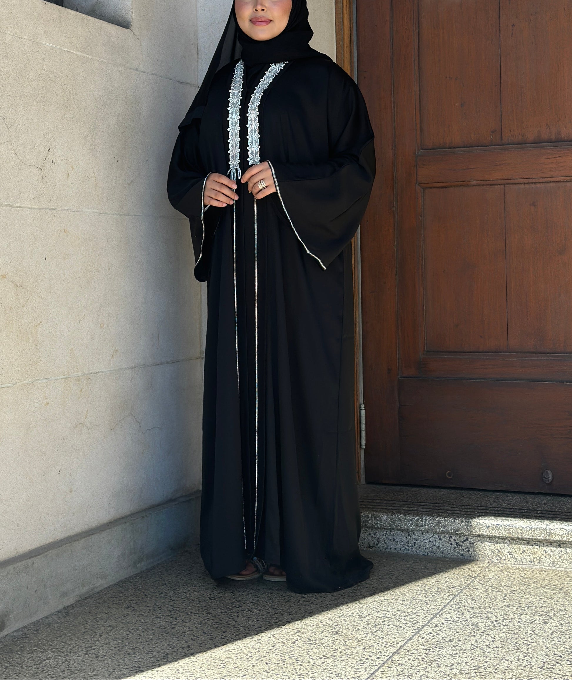Elegant black modest abaya Iqra with embellishment detailing – Hijabaan Auckland
