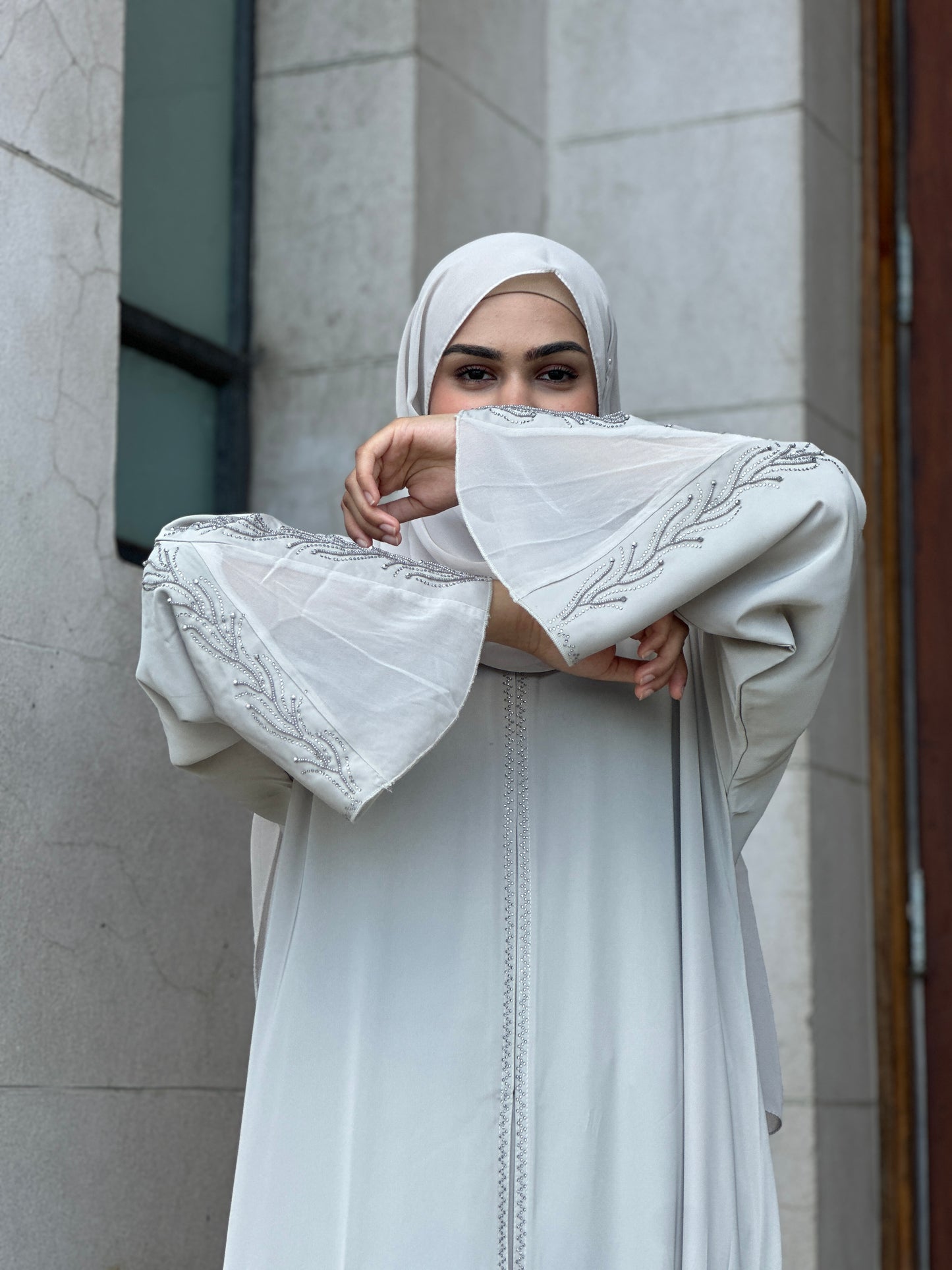 Front-open Mermaid abaya with buttons and matching hijab – modest wear NZ