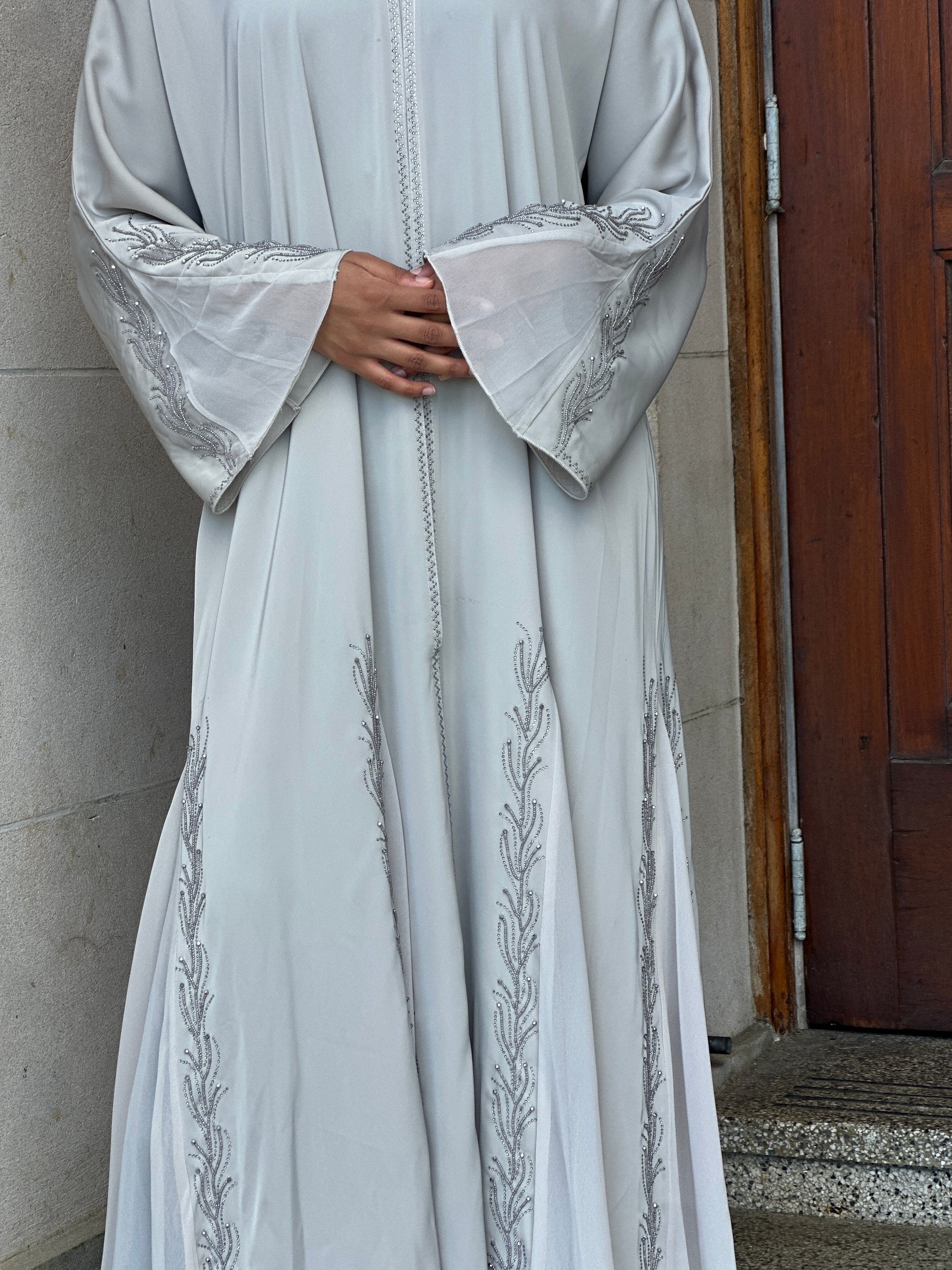 Hand-embellished sleeves and bottom on Mermaid abaya – Hijabaan Auckland