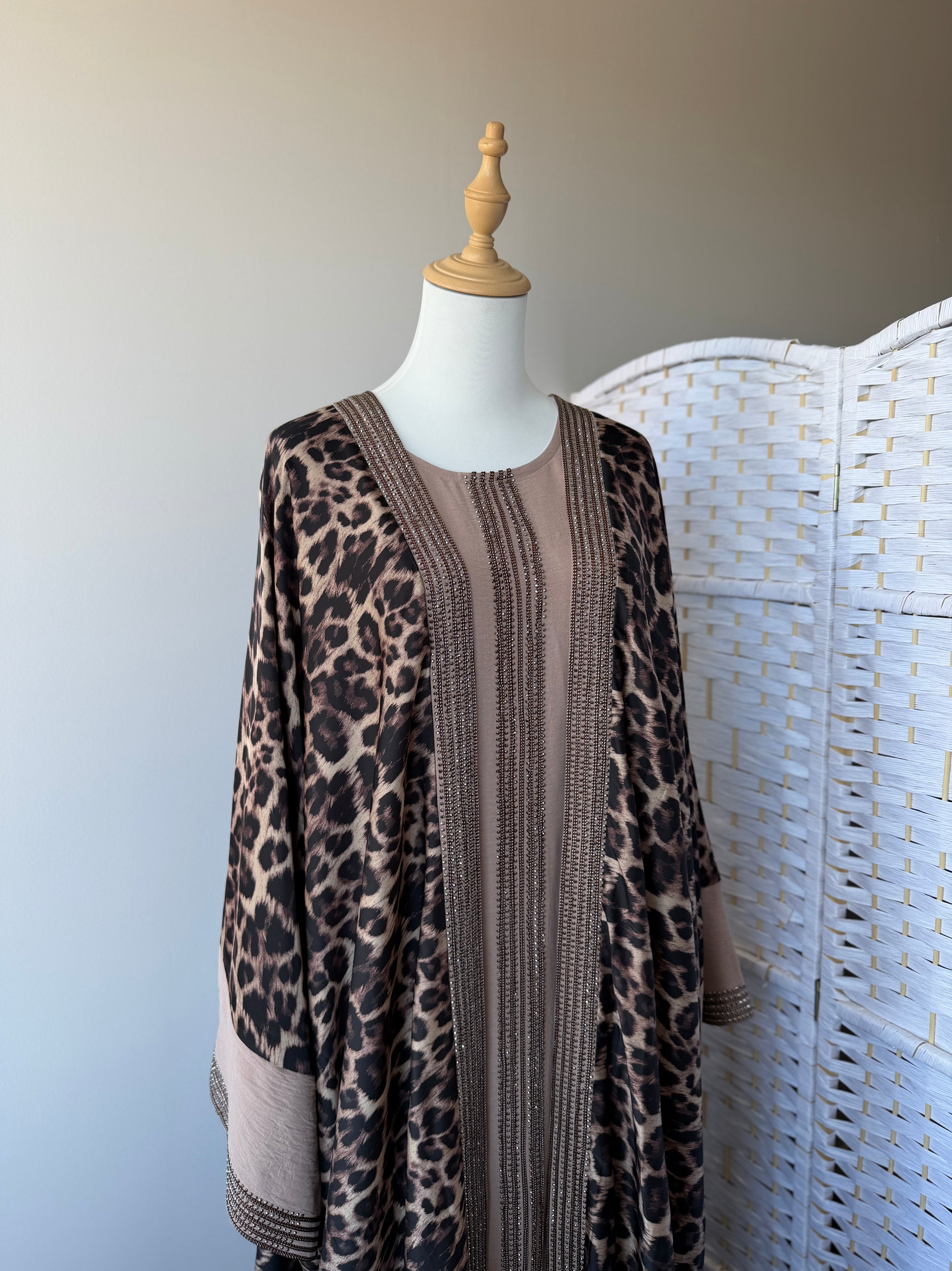 Dubai Abaya Nayla with cheetah print Armani silk, ice silk inner and matching hijab – modest wear NZ