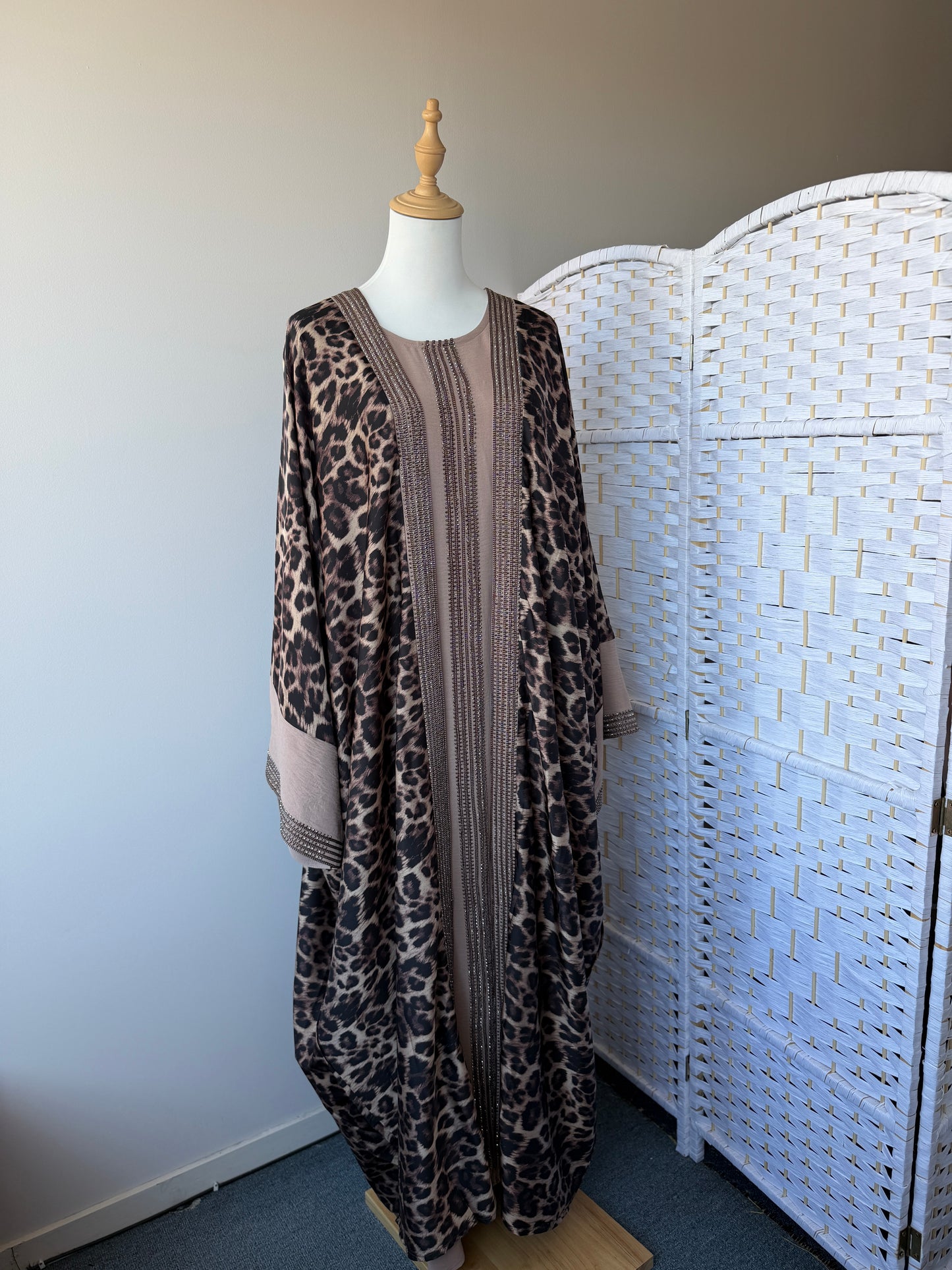 Dubai Abaya Nayla with cheetah print Armani silk, ice silk inner and matching hijab – modest wear NZ