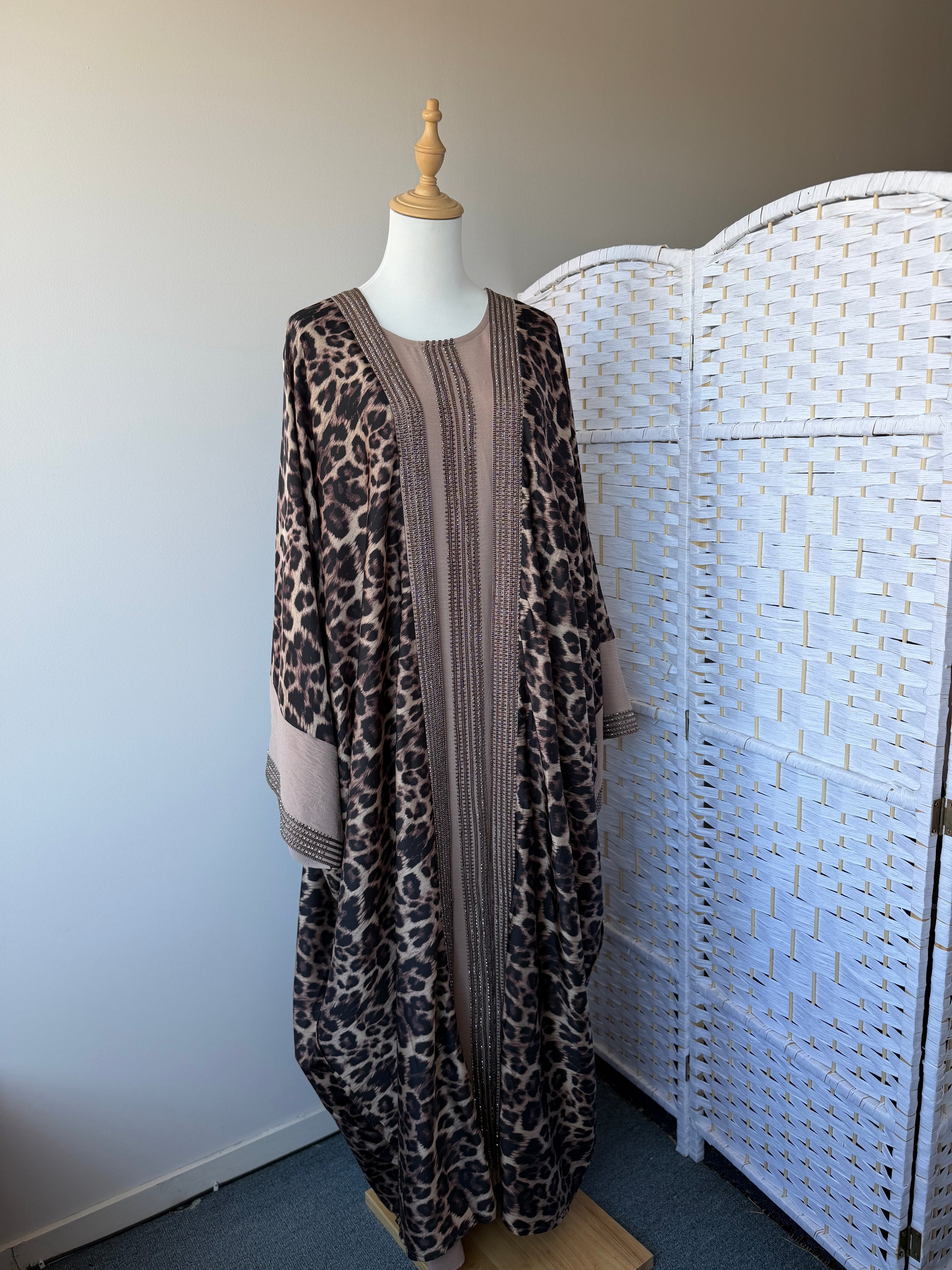 Dubai Abaya Nayla with cheetah print Armani silk, ice silk inner and matching hijab – modest wear NZ