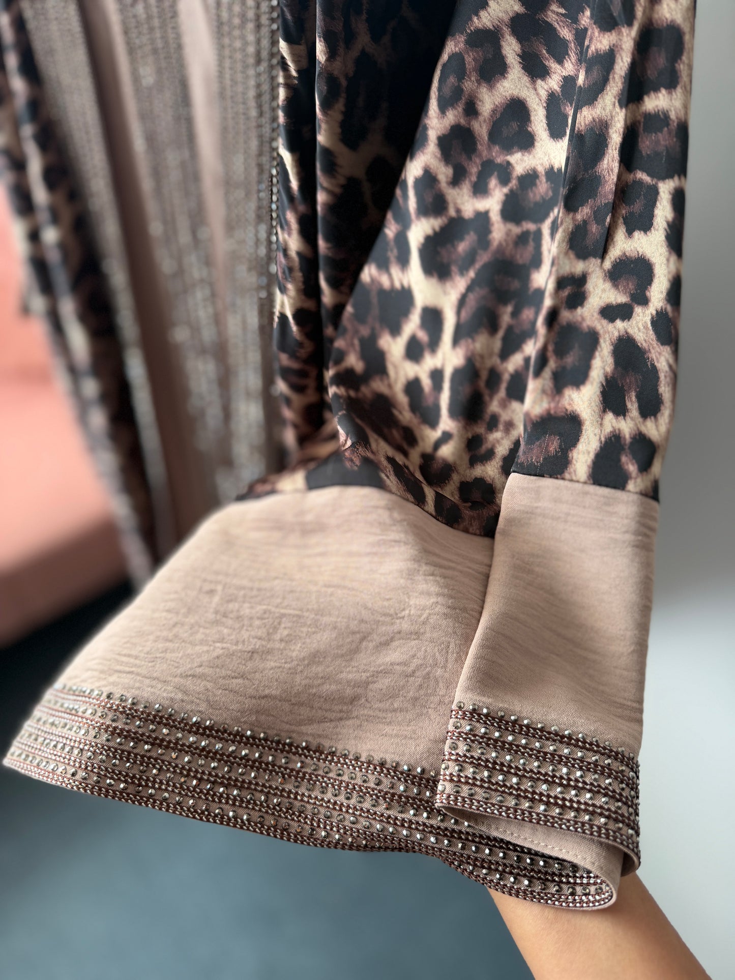 Dubai Abaya Nayla with cheetah print Armani silk, ice silk inner and matching hijab – modest wear NZ