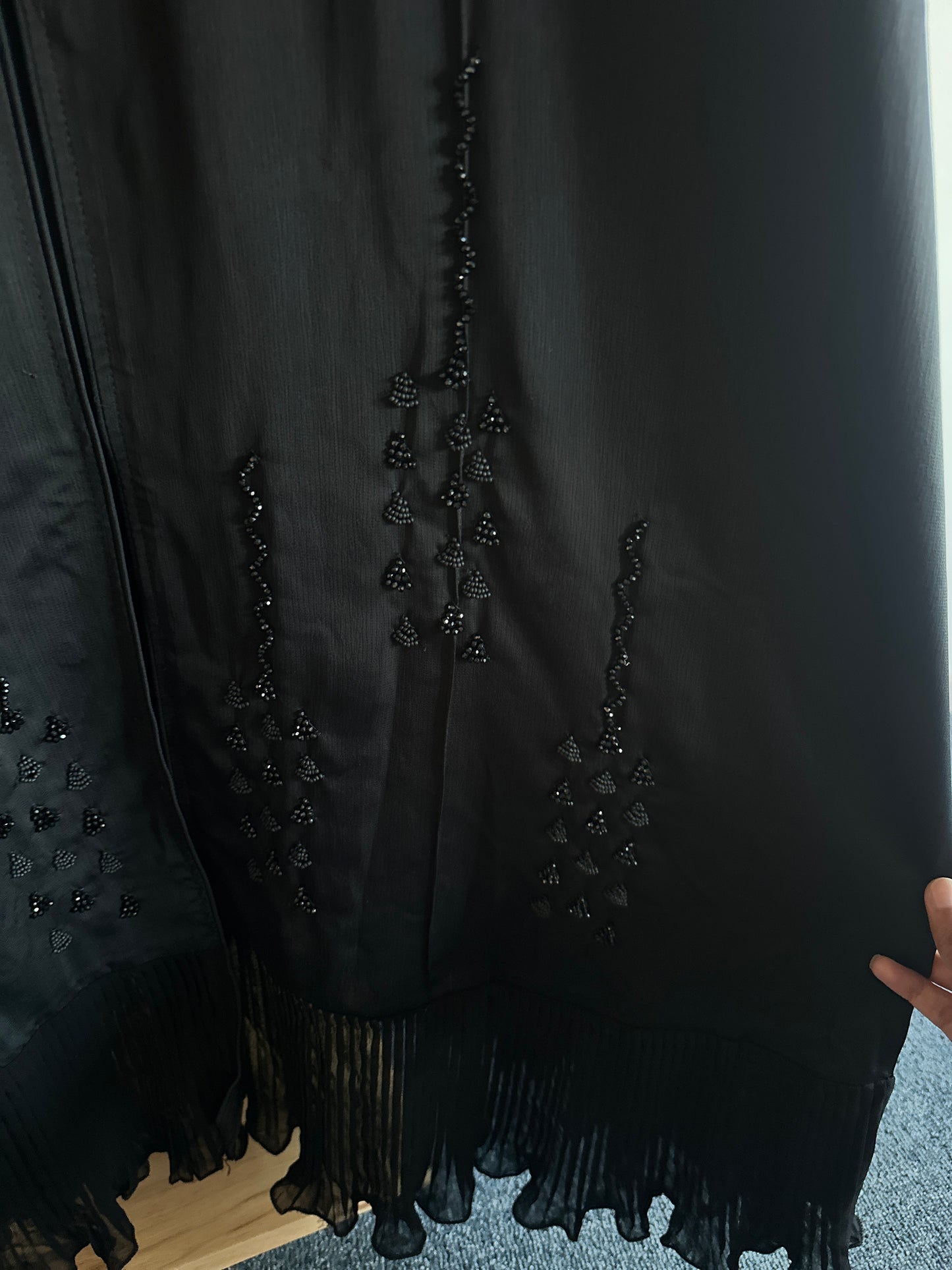 Detailed handwork on Rania abaya sleeves and hem – modest wear NZ