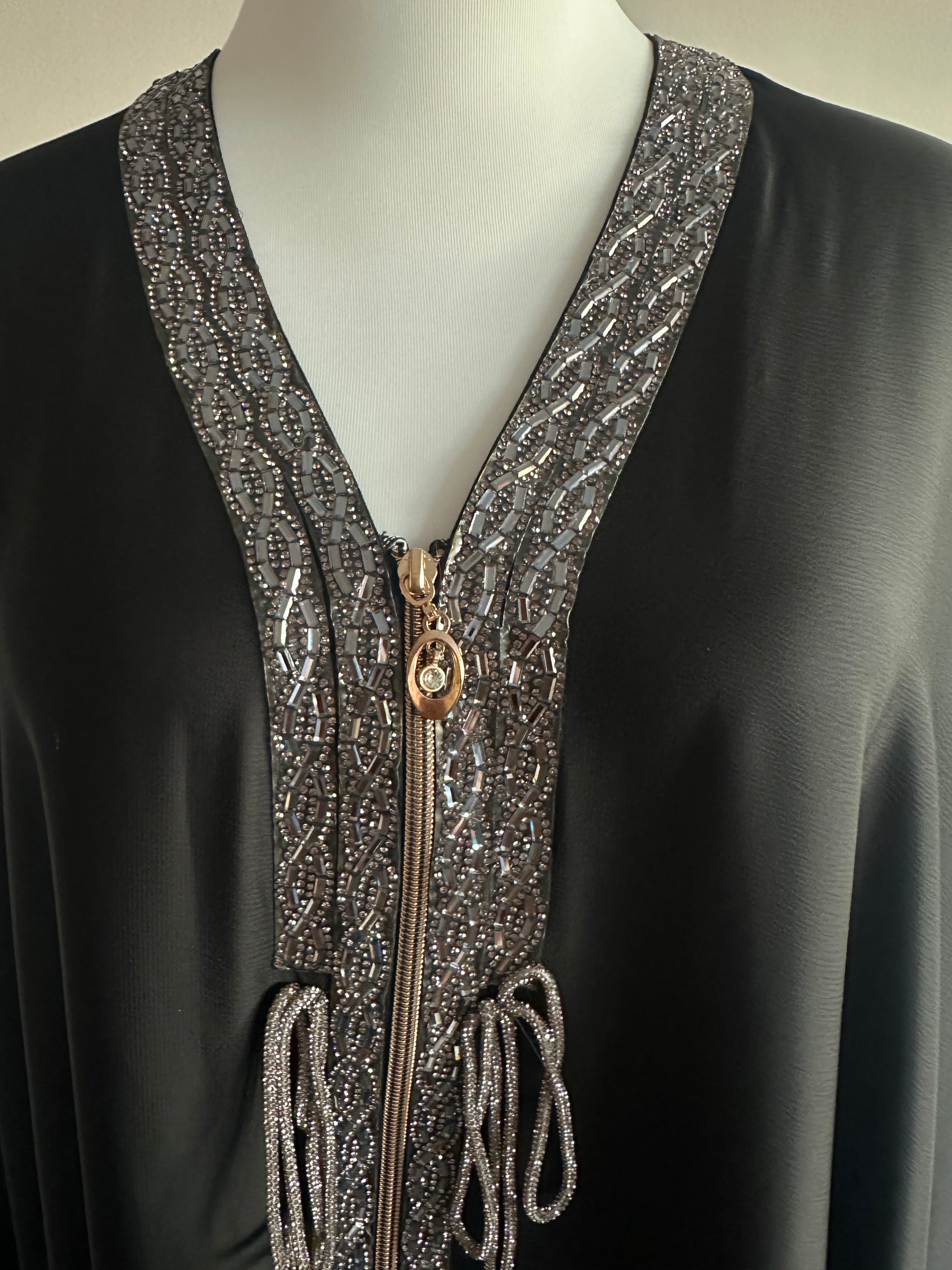 Sana abaya with front zip and sleeve embellishment – modest wear NZ