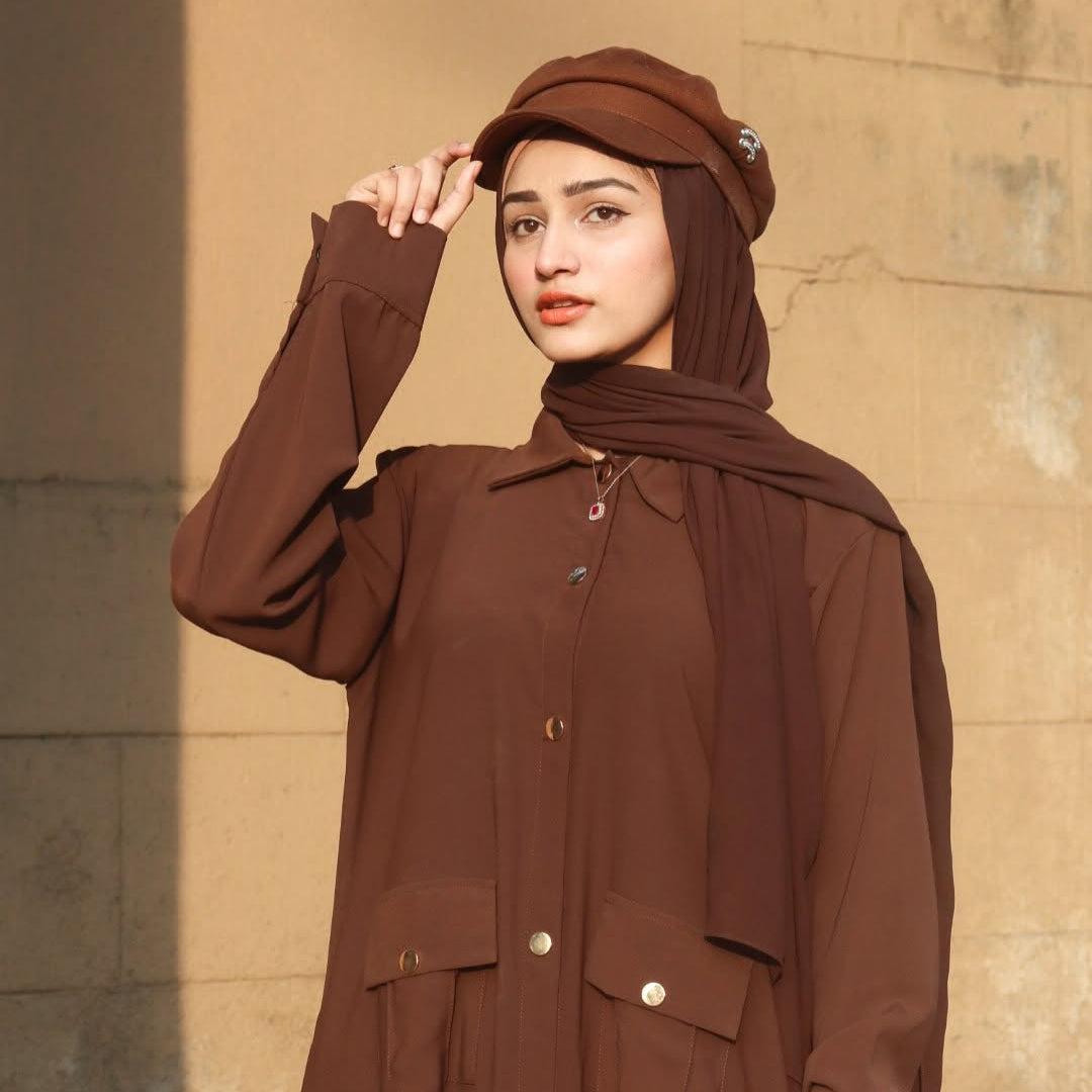 Brown abaya with shirt collar and structured buttoned design