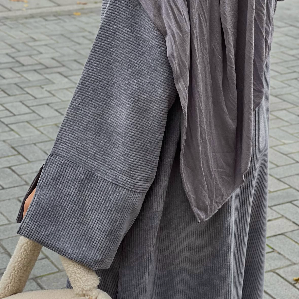 grey corduroy abaya with structured modest fit hijabaan nz