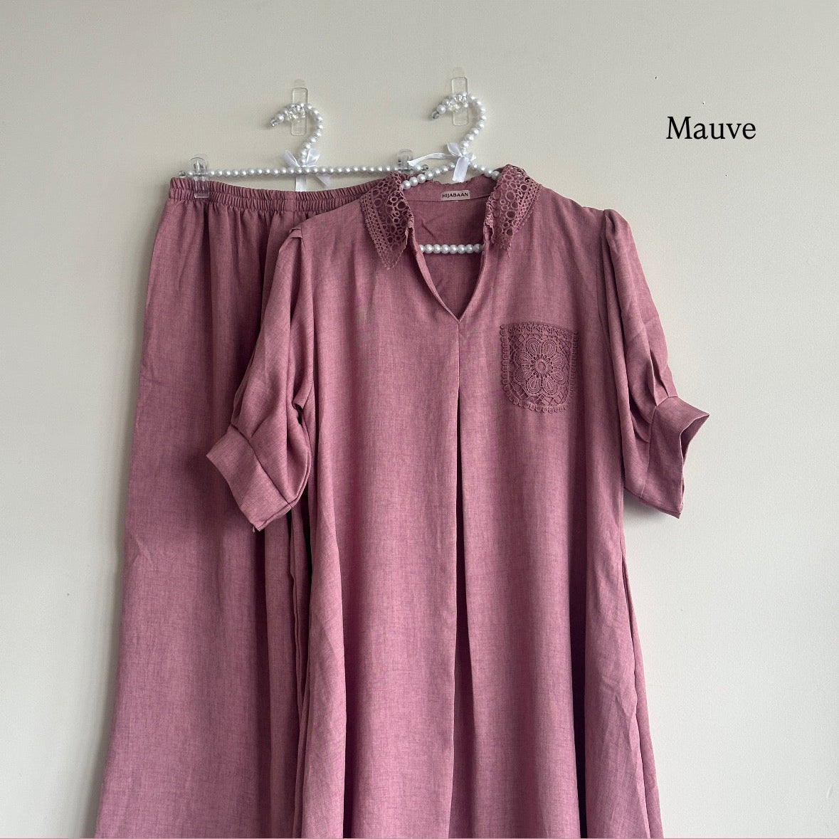 Front view of Inara Co-ord Set showing lace collar and side pockets – Hijabaan NZ