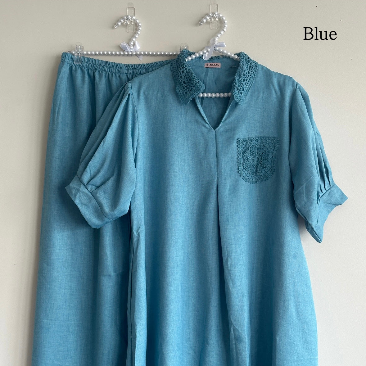 Pleated balloon sleeves and lace pocket detailing – Inara Co-ord Set by Hijabaan NZ