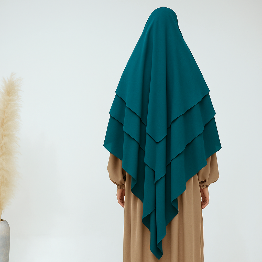 Dark cyan layered khimar with three-tier coverage – modest georgette hijab for prayer and niqab styling