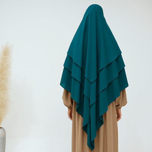 Dark cyan layered khimar with three-tier coverage – modest georgette hijab for prayer and niqab styling