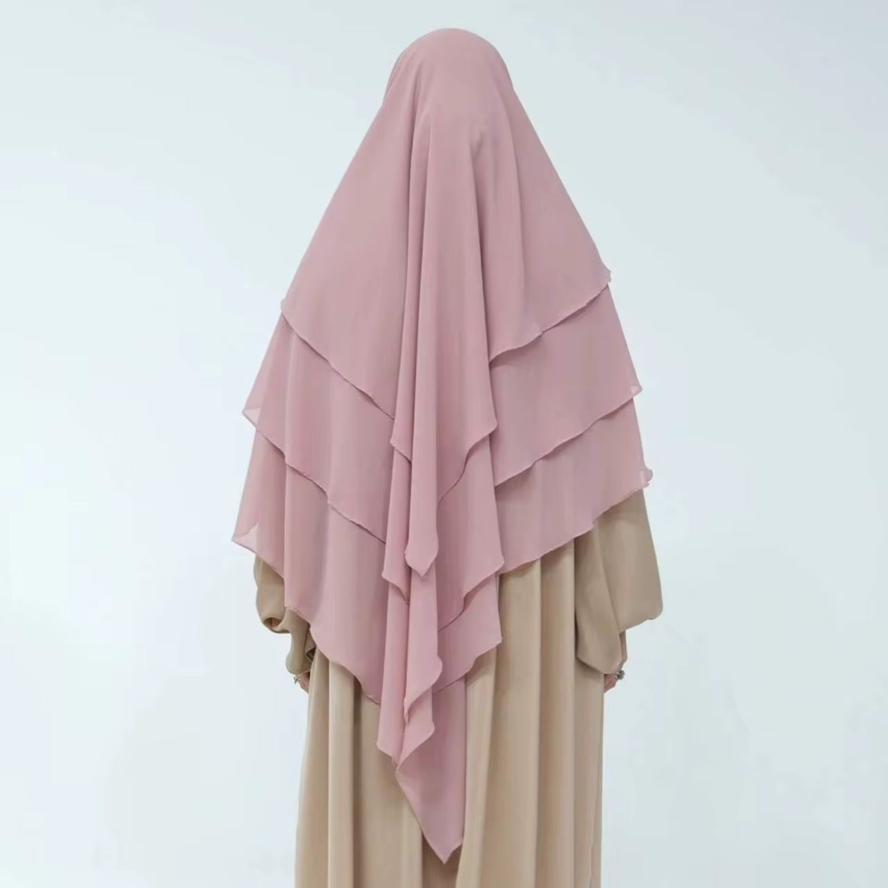 Pink layered khimar with three-tier modest coverage – georgette hijab for prayer and niqab styling