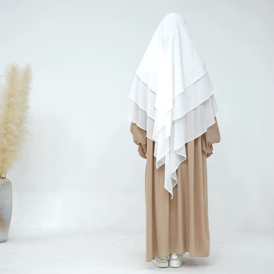 White layered khimar with full coverage – elegant georgette hijab for prayer and niqab styling