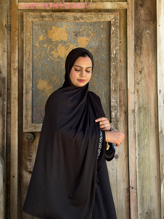 Black liquid jersey hijab with glossy finish, smooth and breathable for summer wear NZ